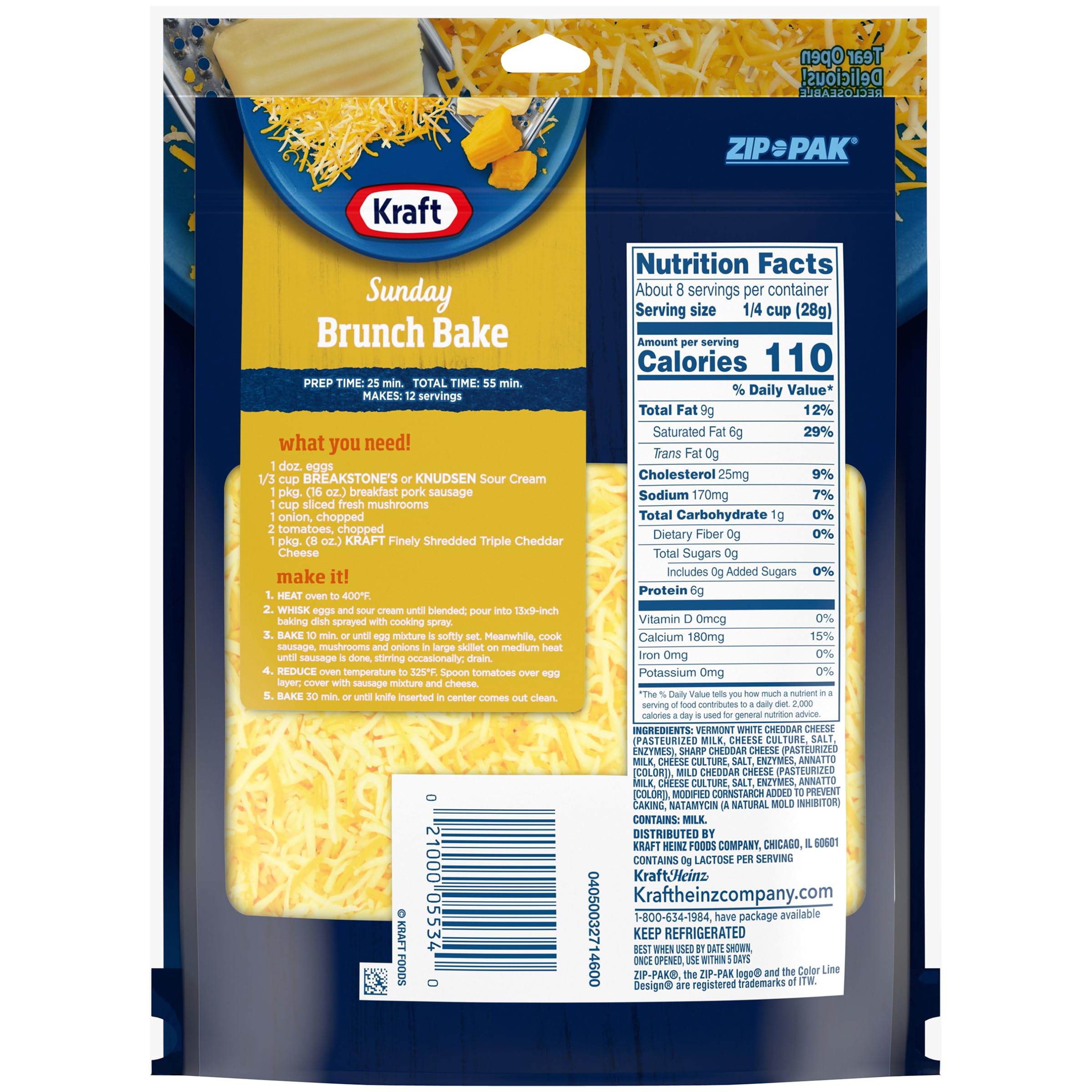 Triple Cheddar Shredded Cheese - Kraft Natural Finely Shredded (8 oz Pouch) - Perfect for Tacos, Pasta & Sandwiches