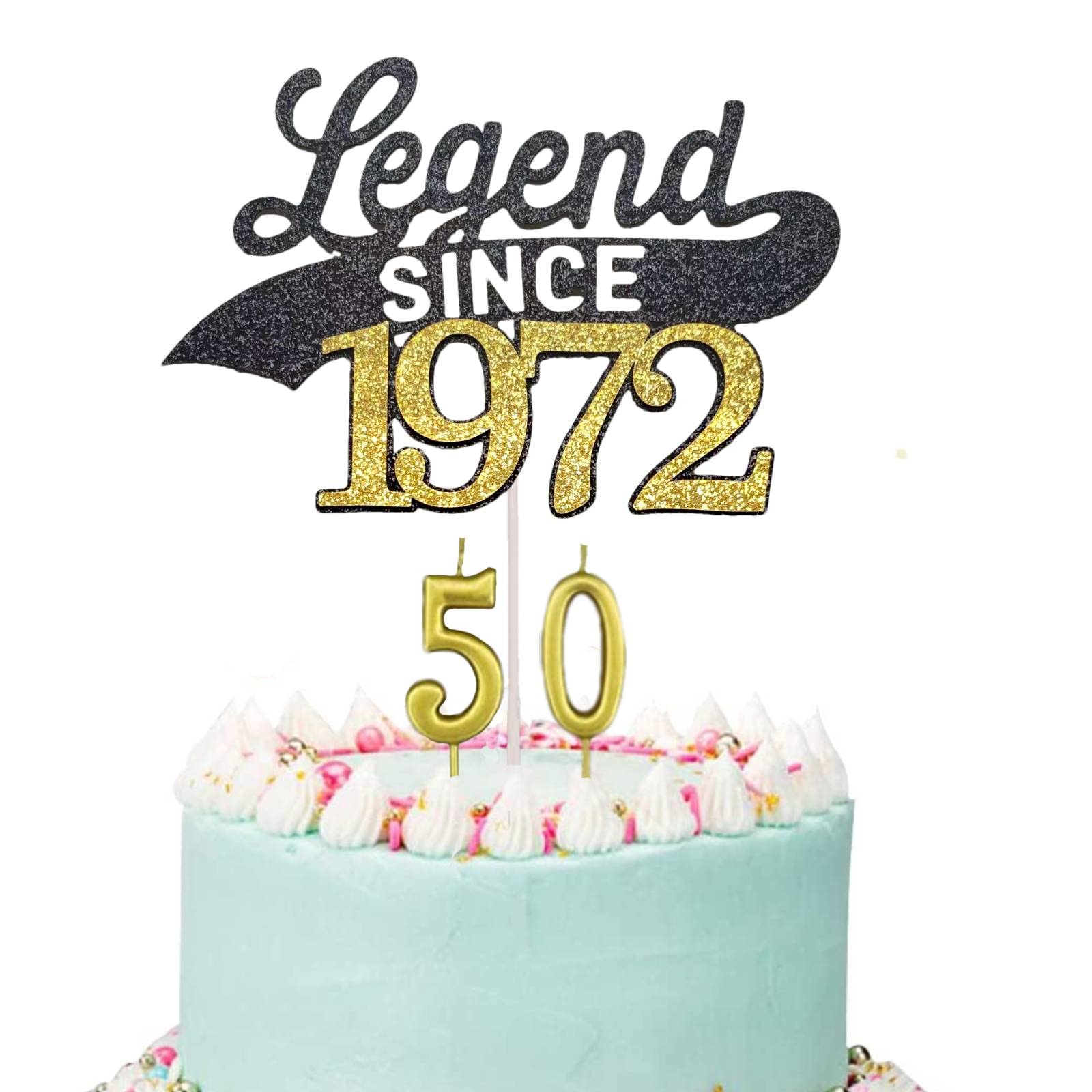 50th Birthday Cake Topper - Gold & Black Glitter 'Cheers to 50 Years' Cake Decoration with Candles | Legend Since 1972 | Perfect for 50th Birthday Party Decorations for Men & Women | Ideal for Anniversary Celebrations, Milestone Birthdays & Retirement Parties