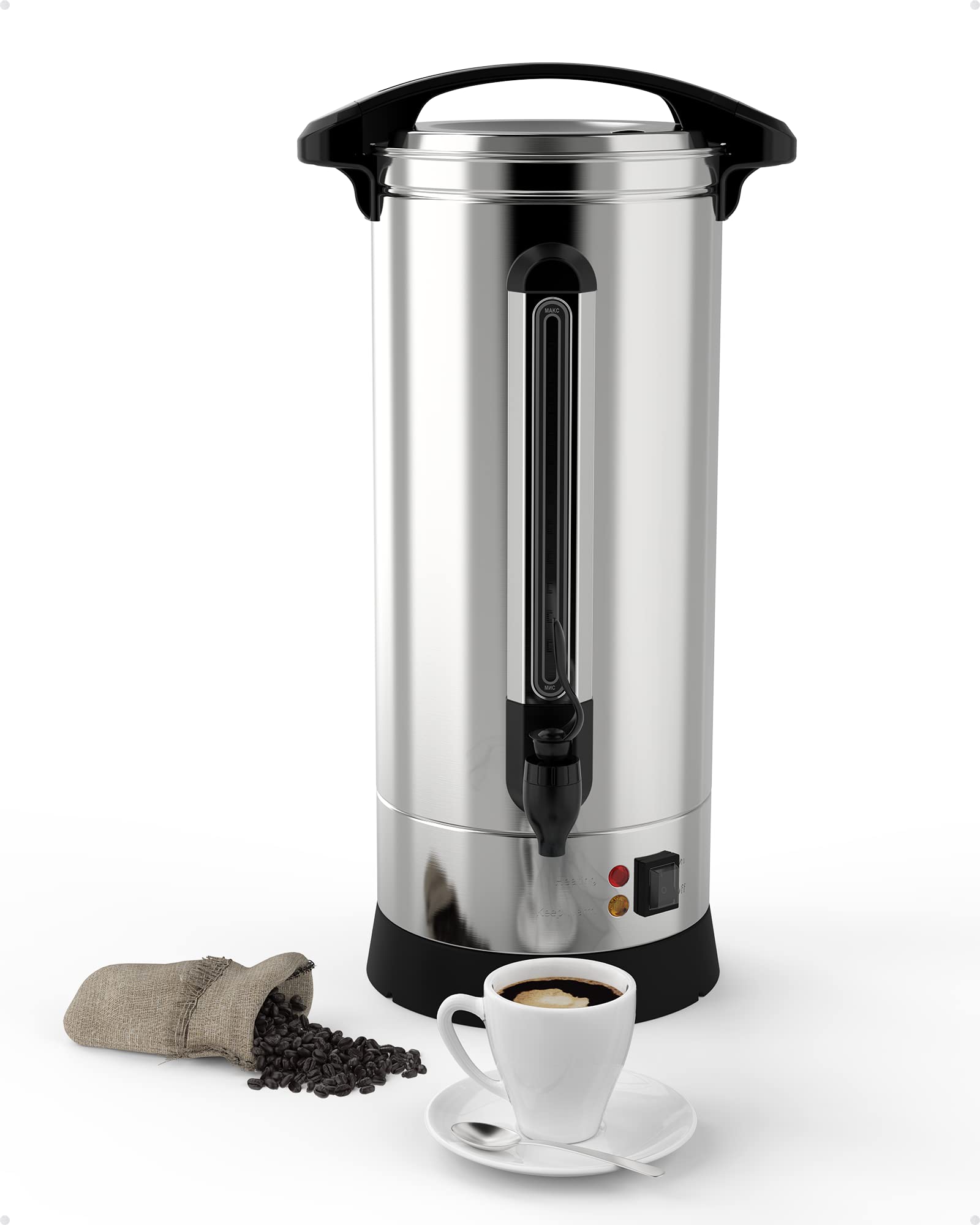 100 Cup Commercial Stainless Steel Coffee Urn - Large Capacity Hot Beverage Dispenser with Percolator for Coffee, Tea & Hot Water - Ideal for Restaurants, Offices & Catering Events (Silver)