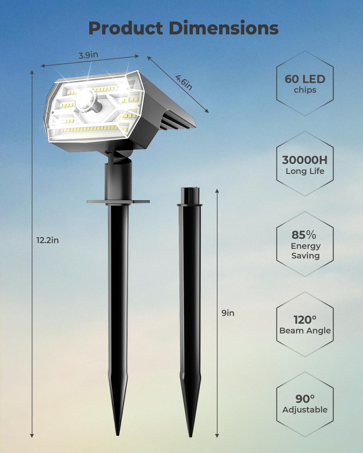 60 LED Solar Spot Lights Outdoor 2 Pack - IP67 Waterproof Solar Motion Sensor Lights with 3 Modes & Optical Lenses - Auto On/Off Solar Security Lights for Yard, Garden, Lawn, Pathway, Deck & Patio Lighting