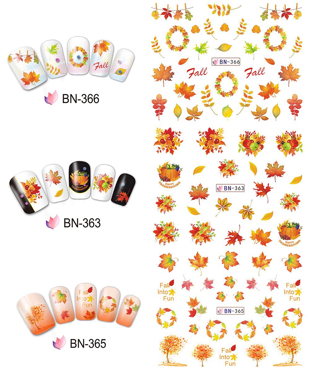 12 Sheets Fall Nail Art Stickers - Thanksgiving Nail Decals with Maple Leaf, Pumpkin & Turkey Designs | Water Transfer Foils for Women, Girls & Kids | DIY Fingernail & Toenail Decoration | Perfect for Autumn Manicures, Halloween Parties & Holiday Nail Art