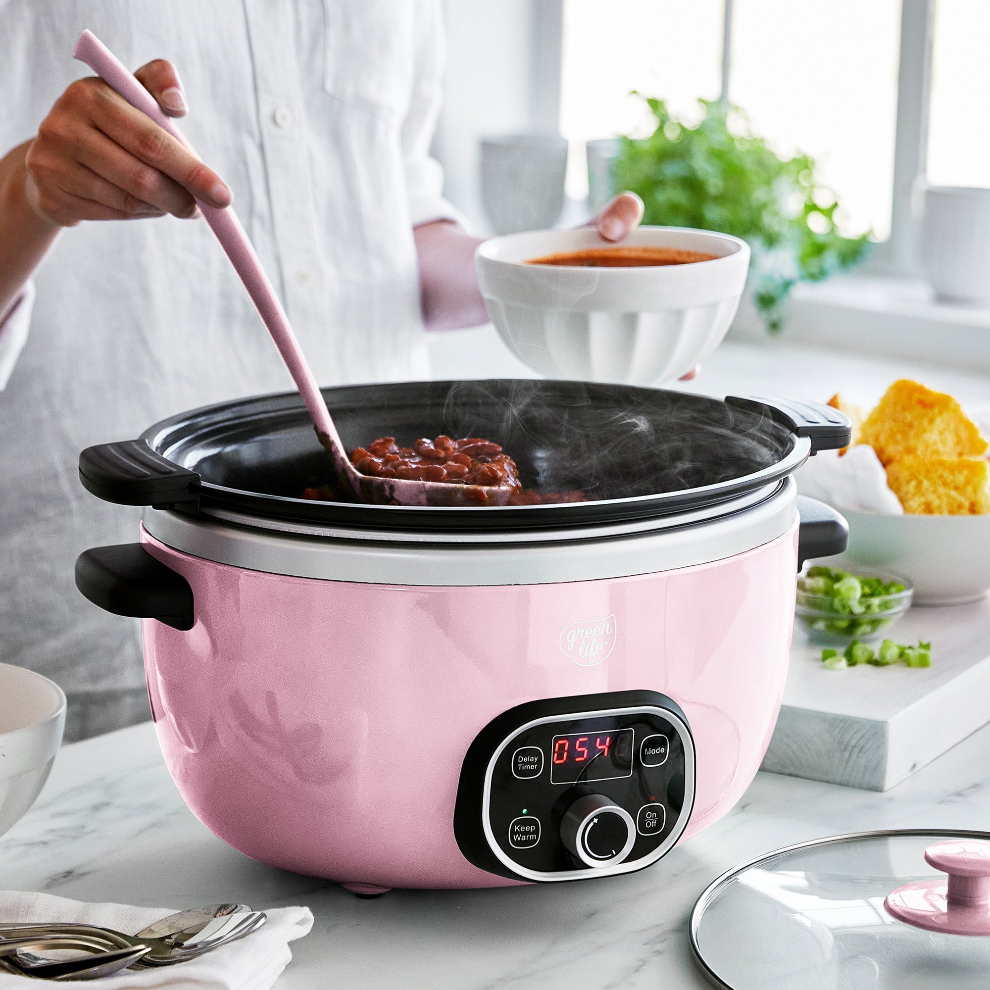 GreenLife Healthy Duo 6 Quart Slow Cooker - Non-Toxic Ceramic Pot, BPA-Free, Energy Efficient | Perfect for Family Dinners, Meal Prep & Party Buffets | Pink