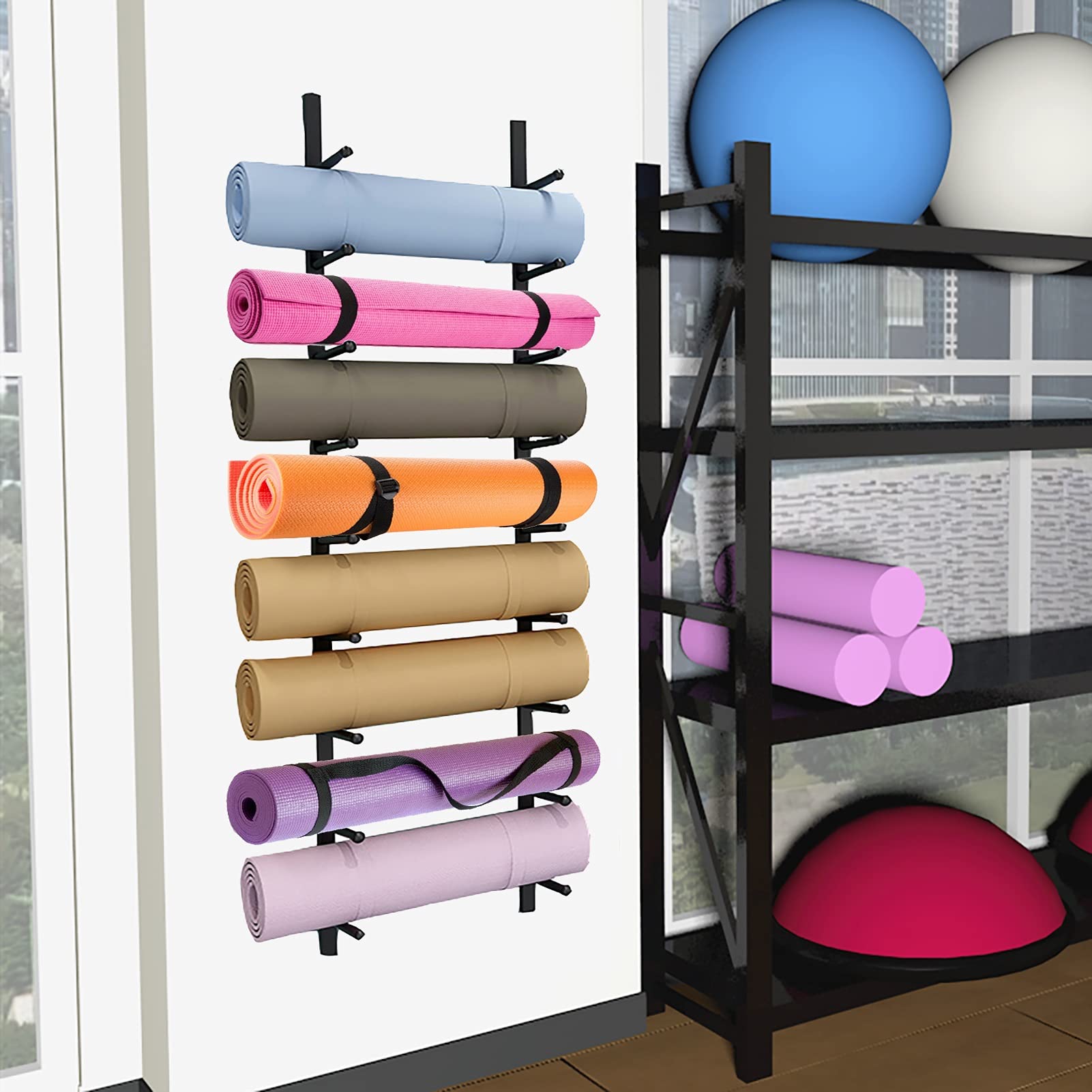 9-Tier Large Capacity Wall Mount Yoga Mat Holder with Hooks - Foam Roller Storage Rack for Yoga Studio (Black) - Perfect for Home Gym, Fitness Room & Yoga Practice Organization