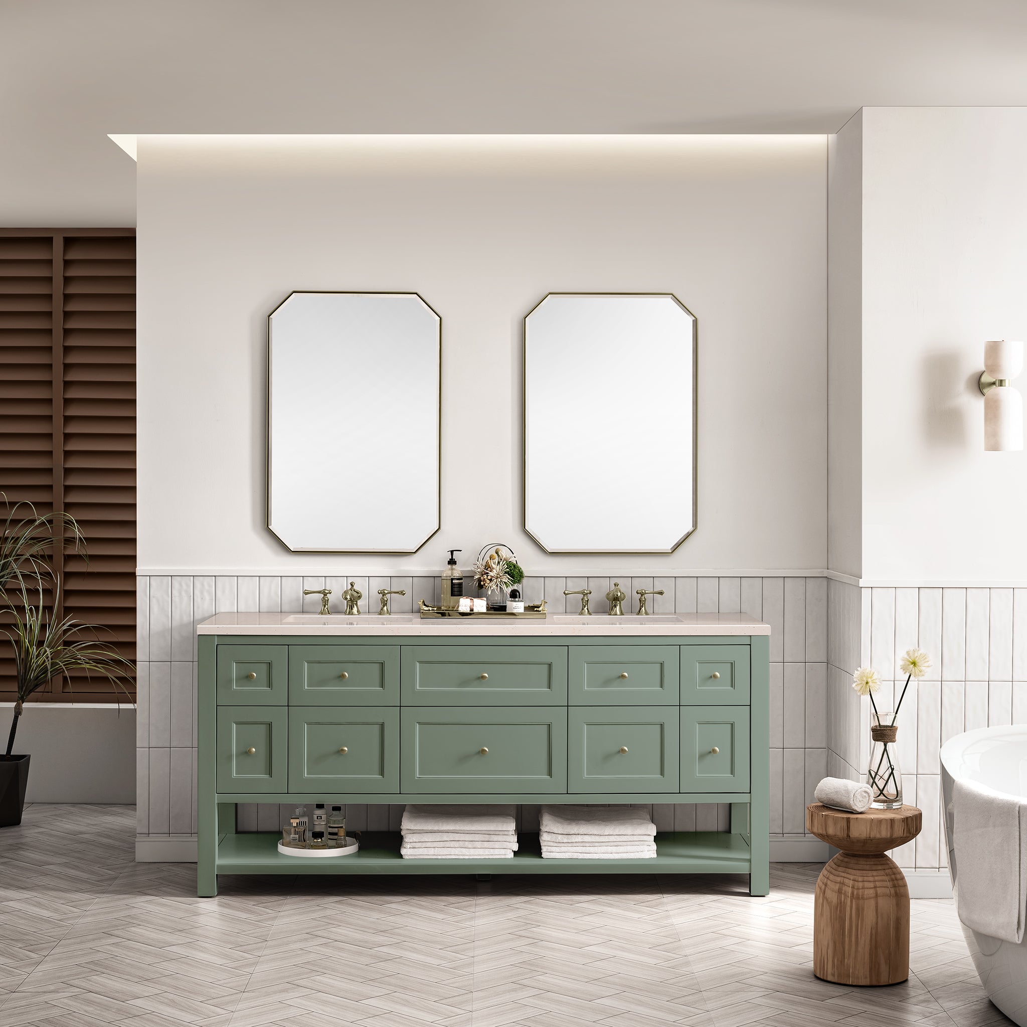 Breckenridge 72-Inch Double Bathroom Vanity with Smokey Celadon Finish & 3CM Eternal Marfil Stone Top - Perfect for Master Bathroom Renovations and Luxury Home Upgrades
