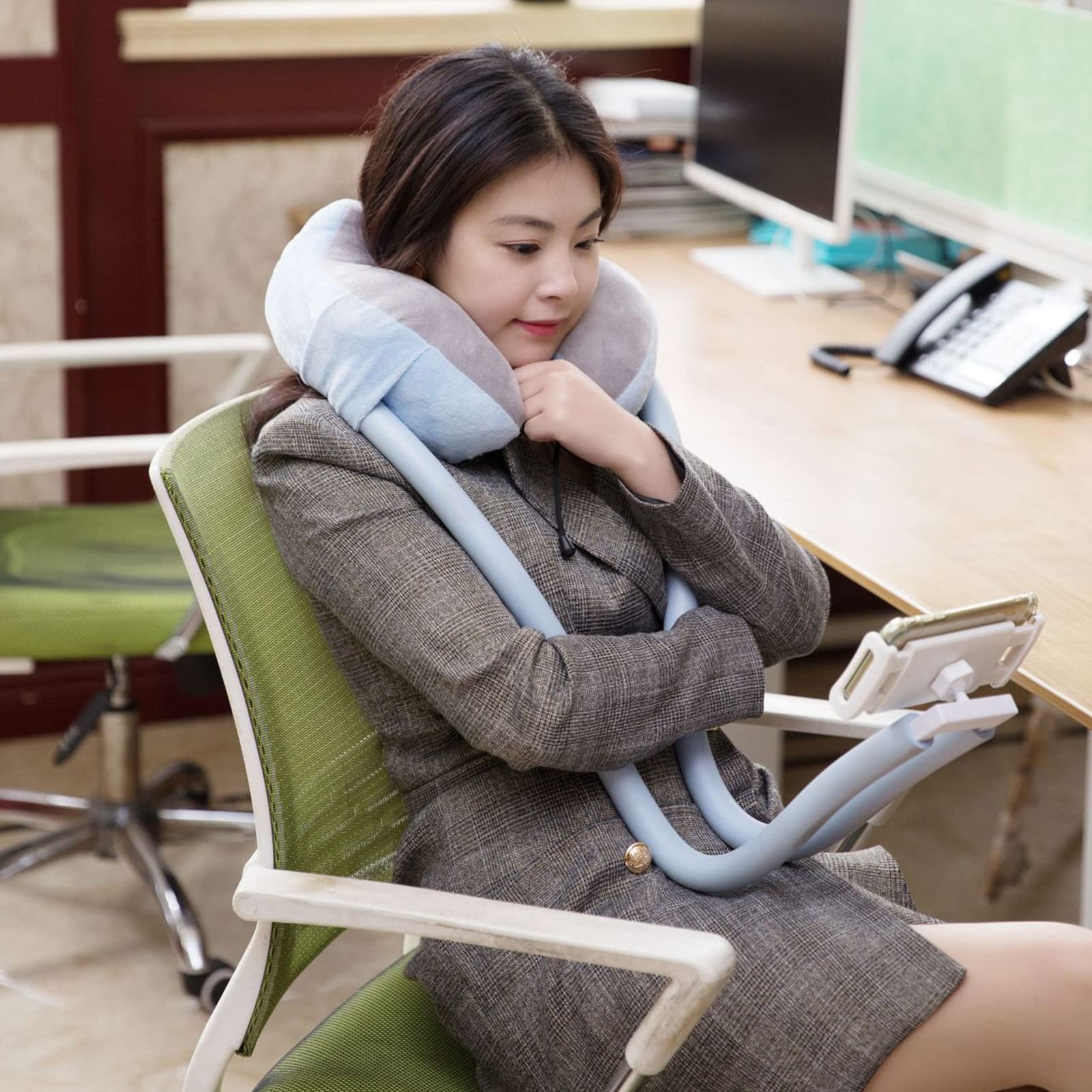 AMONIDA U-Shaped Travel Pillow with Phone Holder - Comfortable Neck Support for Airplane, Car, Home & Office Use - Hands-Free Phone Stand for Watching Videos & Relaxing