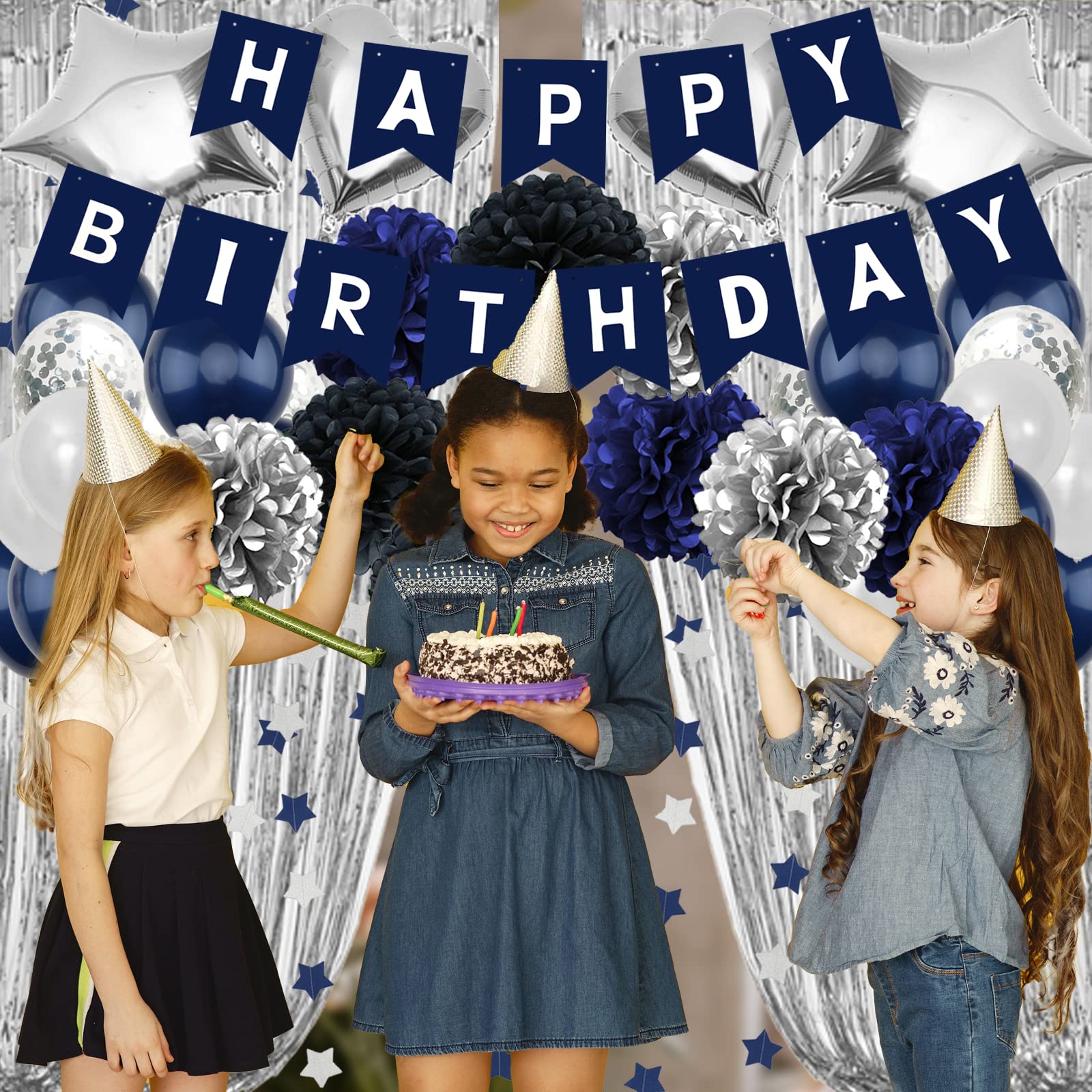 Navy Blue Birthday Party Decorations for Men, Women, Boys & Girls - Happy Birthday Banner, Pom Poms, Foil Balloons & Curtains - Perfect for Adult Birthday Parties, Baby Showers & Anniversary Celebrations