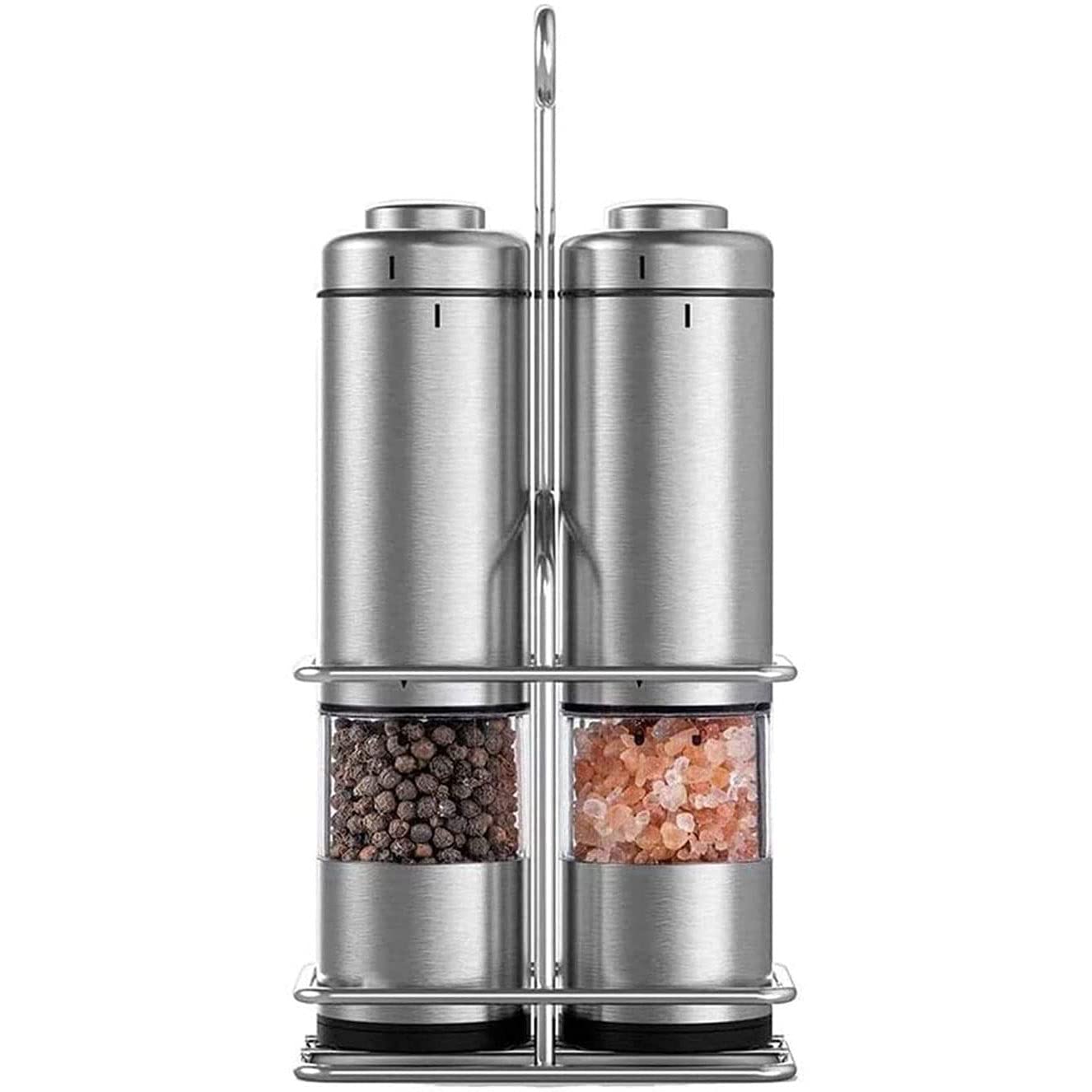 Premium Electric Salt and Pepper Grinder Set - Rechargeable Battery Operated Stainless Steel Mills (2-Pack) - Adjustable Coarseness Ceramic Grinders with Stand - Perfect for Kitchen, Dining Table & Outdoor BBQ