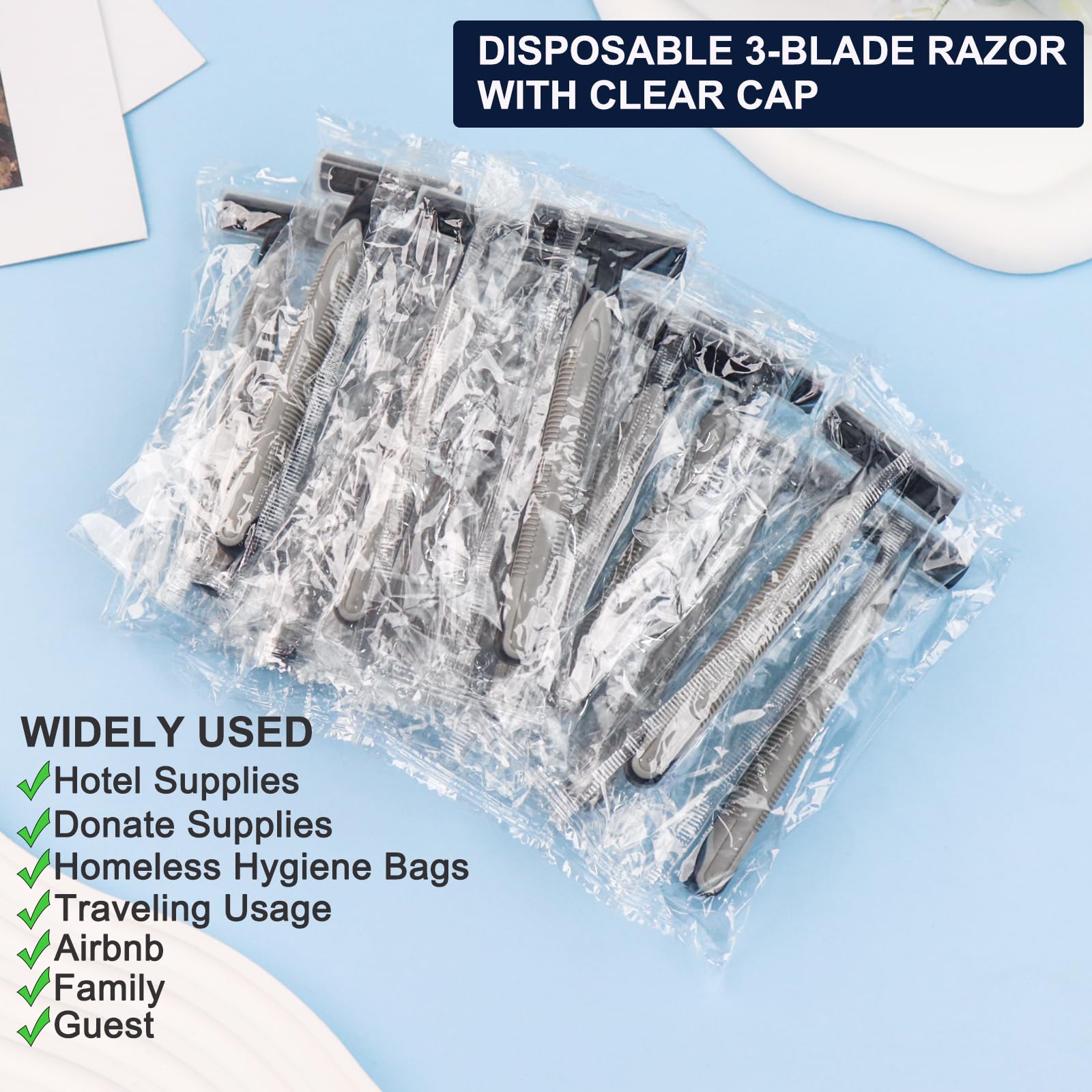 50 Pack Disposable Razors for Men & Women - Bulk Individually Wrapped 3-Blade Shaving Razors with Clear Cap - Perfect for Travel, Hotels, Airbnb, Shelters & Charity Donations - Smooth Shave for Face & Body