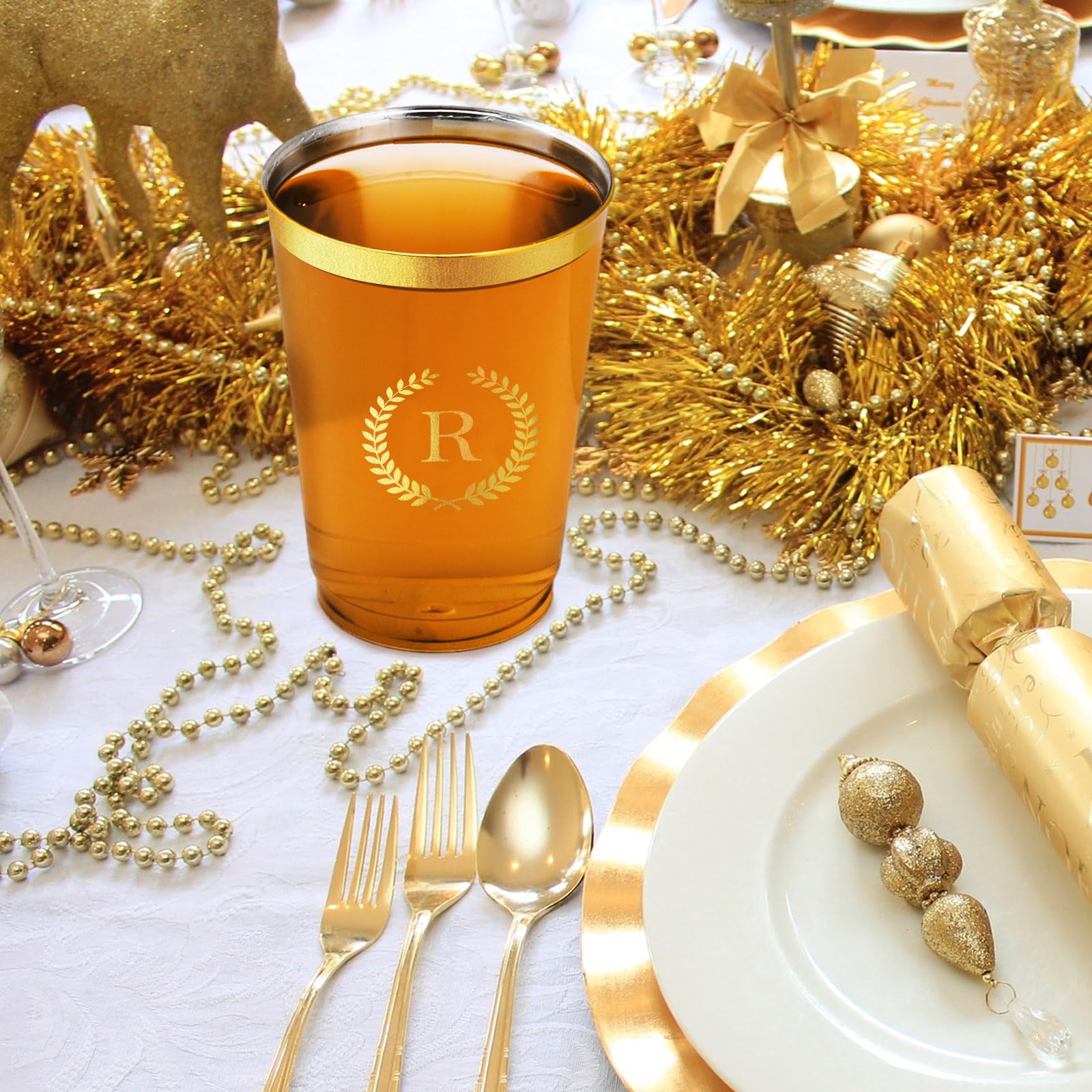 100-Pack Personalized Plastic Cups with Gold Foil Letter R - 12 oz Clear Disposable Monogram Party Cups for Wedding, Birthday, Baby Shower - Custom Drinkware for Celebrations, Gatherings & Special Events