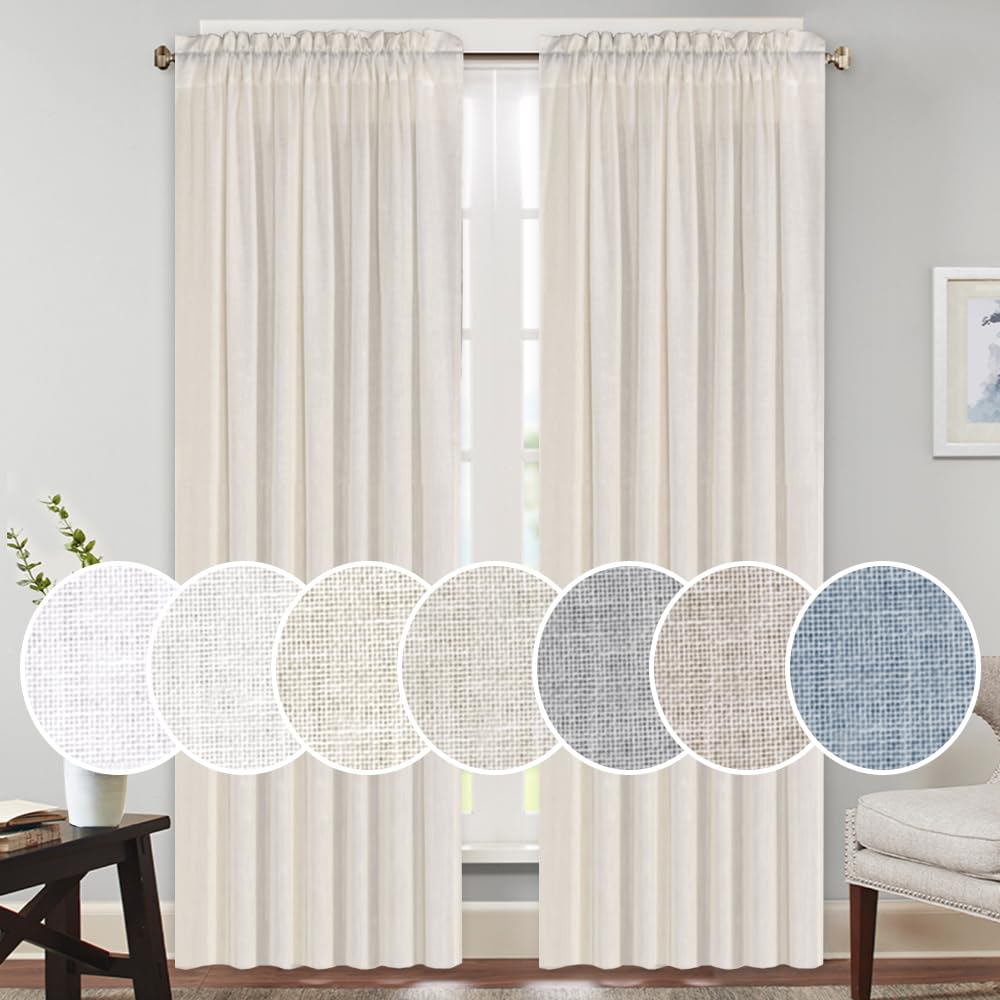 PrinceDeco Natural Linen Curtains - Light Filtering Farmhouse Window Drapes for Bedroom & Living Room (52x84 Inches, Rod Pocket, 2 Panels) | Soft Privacy Sheers for Cozy Home Decor & Sun Protection