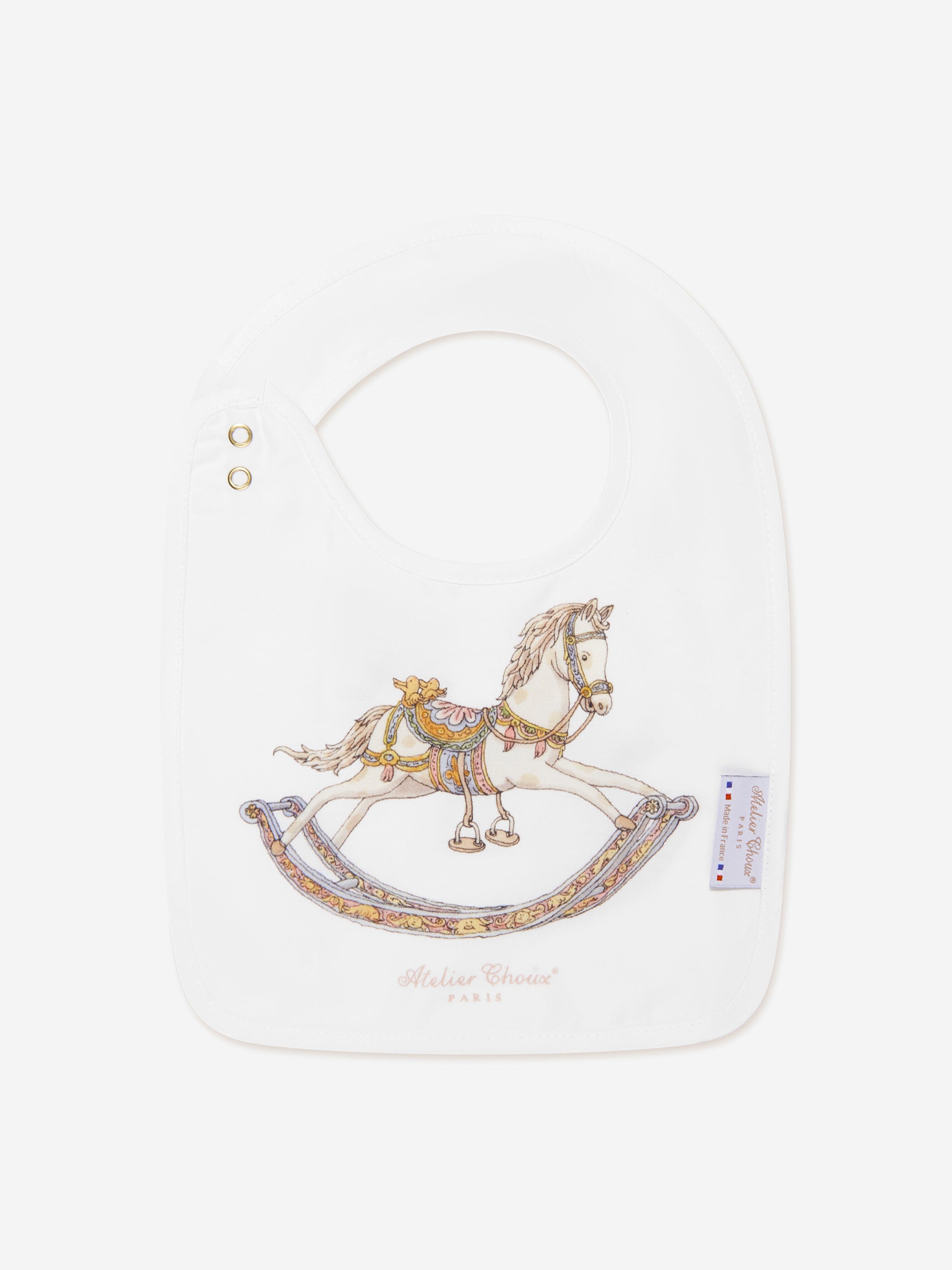 Atelier Choux White Satin Baby Rocking Horse Bib - Soft & Absorbent for Feeding, Playtime & Photo Shoots