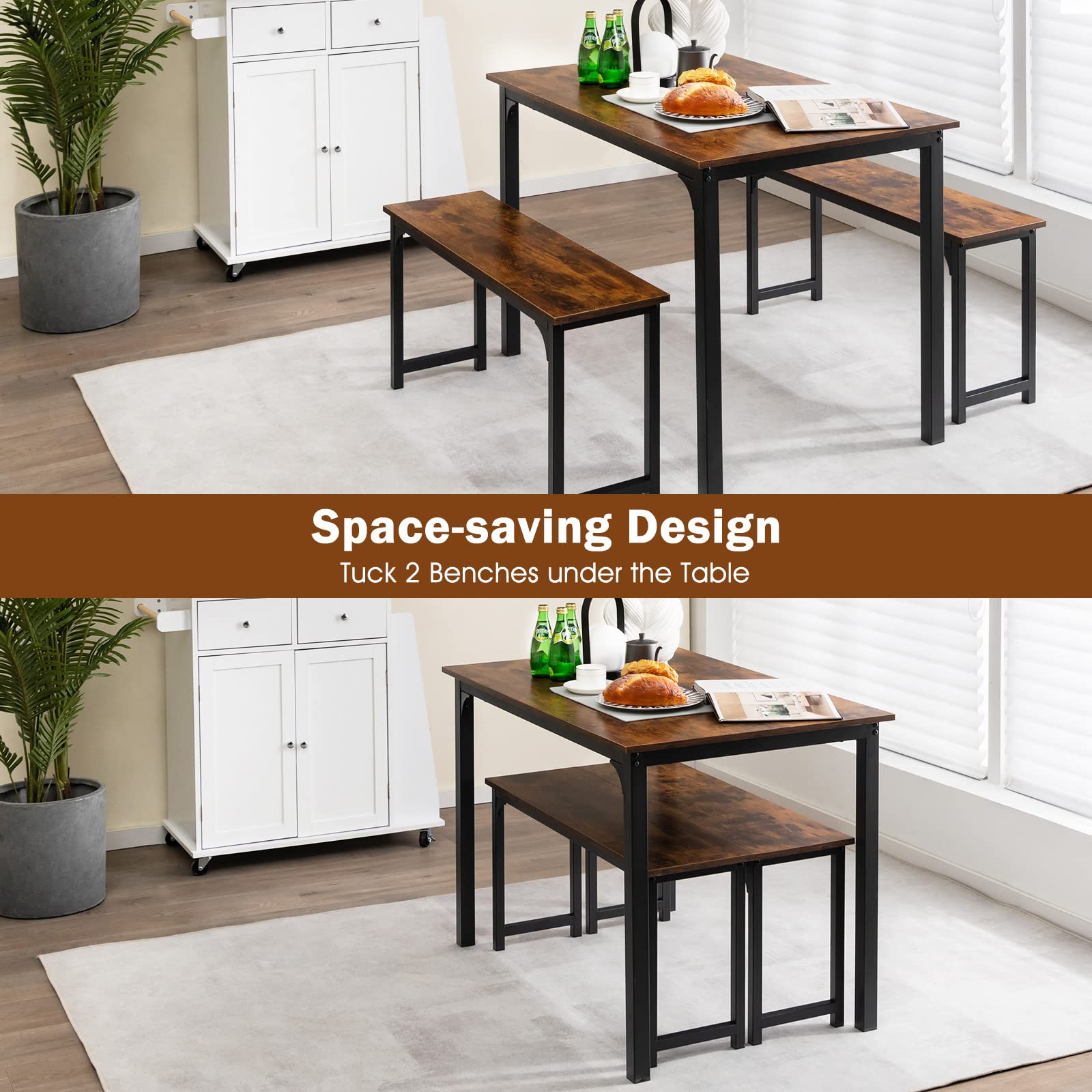 Giantex 4-Piece Industrial Dining Table Set with 2 Benches - Space Saving Kitchen Table for Breakfast Nook, Small Dining Room & Apartment - Easy Assembly Mix Brown - Perfect for Family Meals, Coffee Time & Small Space Living