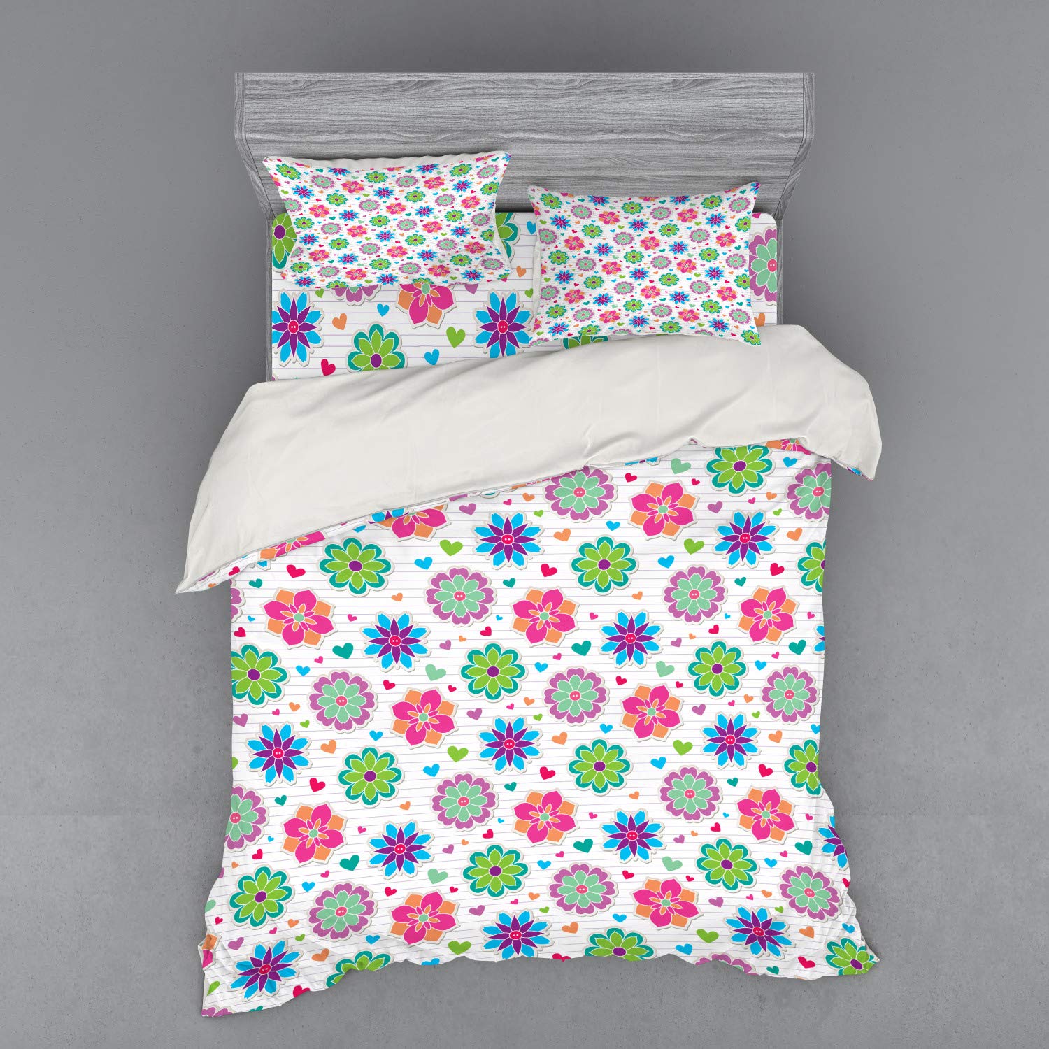 Ambesonne Retro Duvet Cover Set - Notebook Style Chamomile Flowers & Hearts 4-Piece Queen Bedding Set with Shams & Fitted Sheet | Multicolor Bohemian Bedroom Decor for Guest Room & Dorm