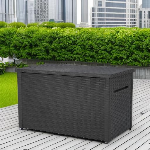 Keter Java XXL 230 Gallon Resin Outdoor Storage Box - Large Deck Box for Patio Furniture Cushions, Garden Tools, Pool Toys & Backyard Organization - Weatherproof Dark Grey Storage Container for Outdoor Use