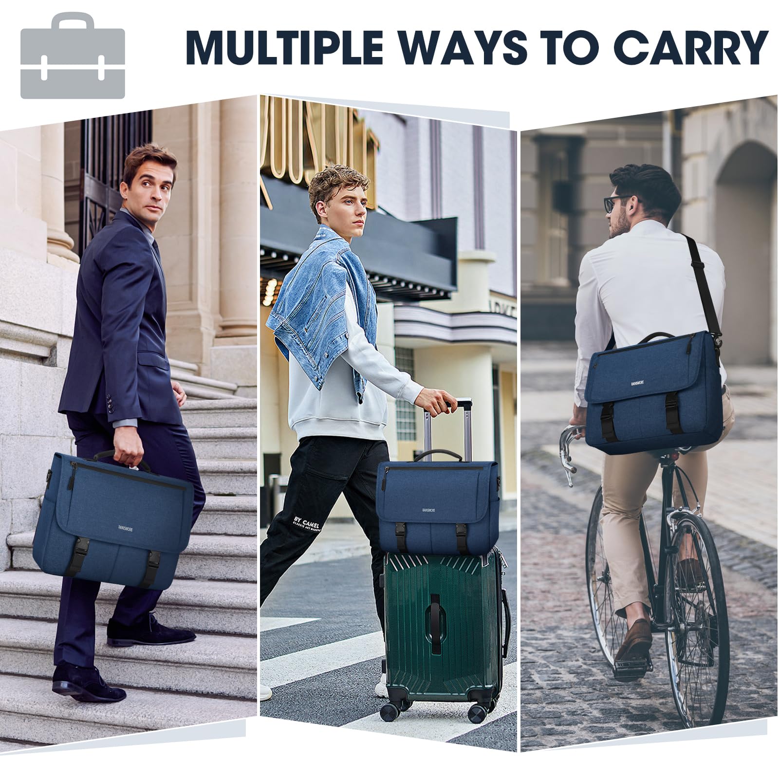 RAINSMORE Waterproof Messenger Bag for Men - 15.6 Inch Laptop Briefcase, Durable Crossbody Shoulder Bag for College, Office & Travel - Stylish Blue Casual Satchel for Work, Business & Daily Commute