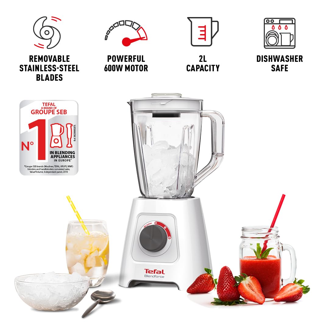 Tefal Blendforce 600W Blender with 2L Plastic Jug & 4 Stainless Steel Blades - 2 Speed + Pulse Function for Smoothies, Ice Crushing, Milkshakes - Perfect for Kitchen, Home Bar & Healthy Lifestyle (White, Model BL420140)
