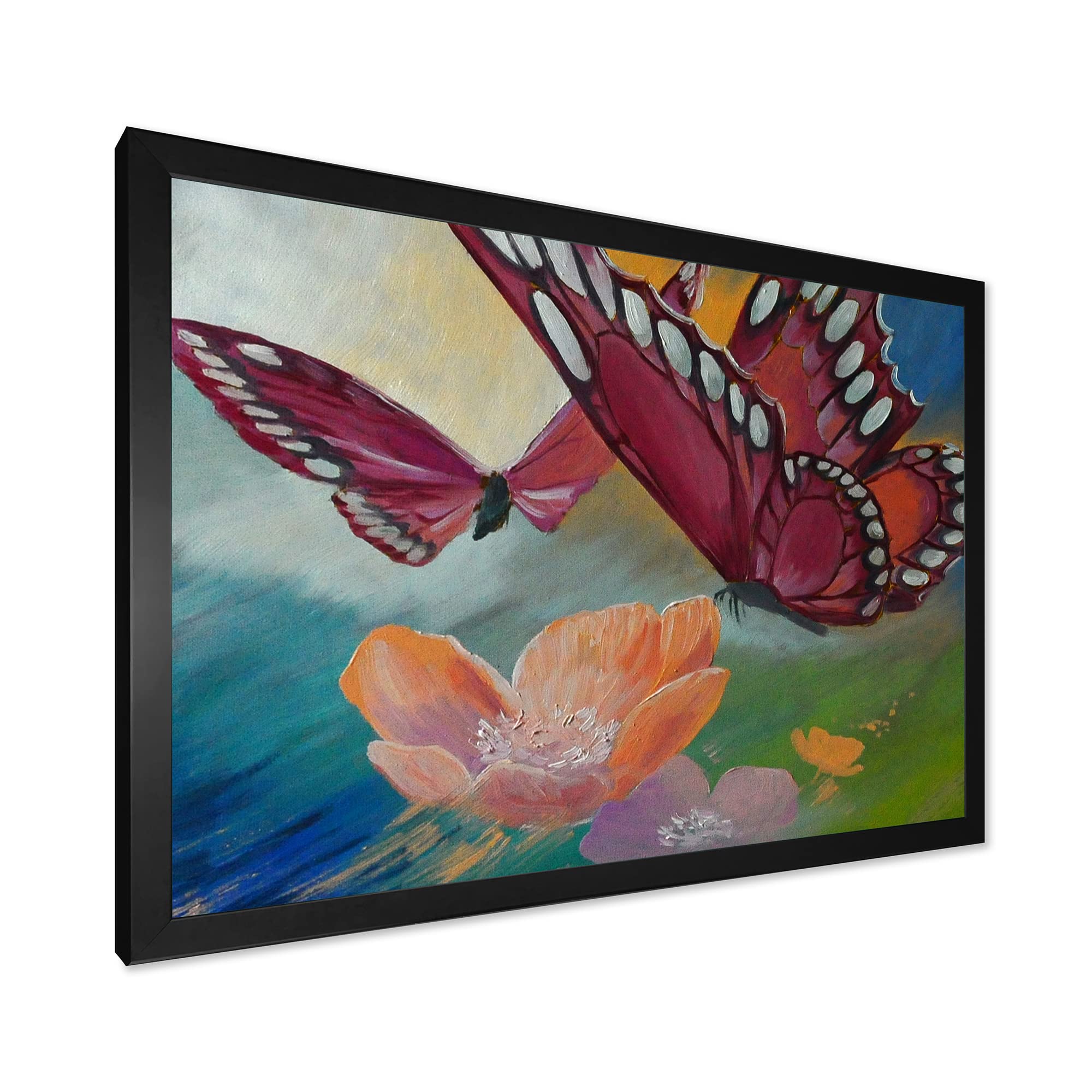 Butterfly on Pink Flowers Traditional Framed Wall Art - Elegant Home Decor for Living Room, Bedroom & Office | Ready to Hang Canvas Painting