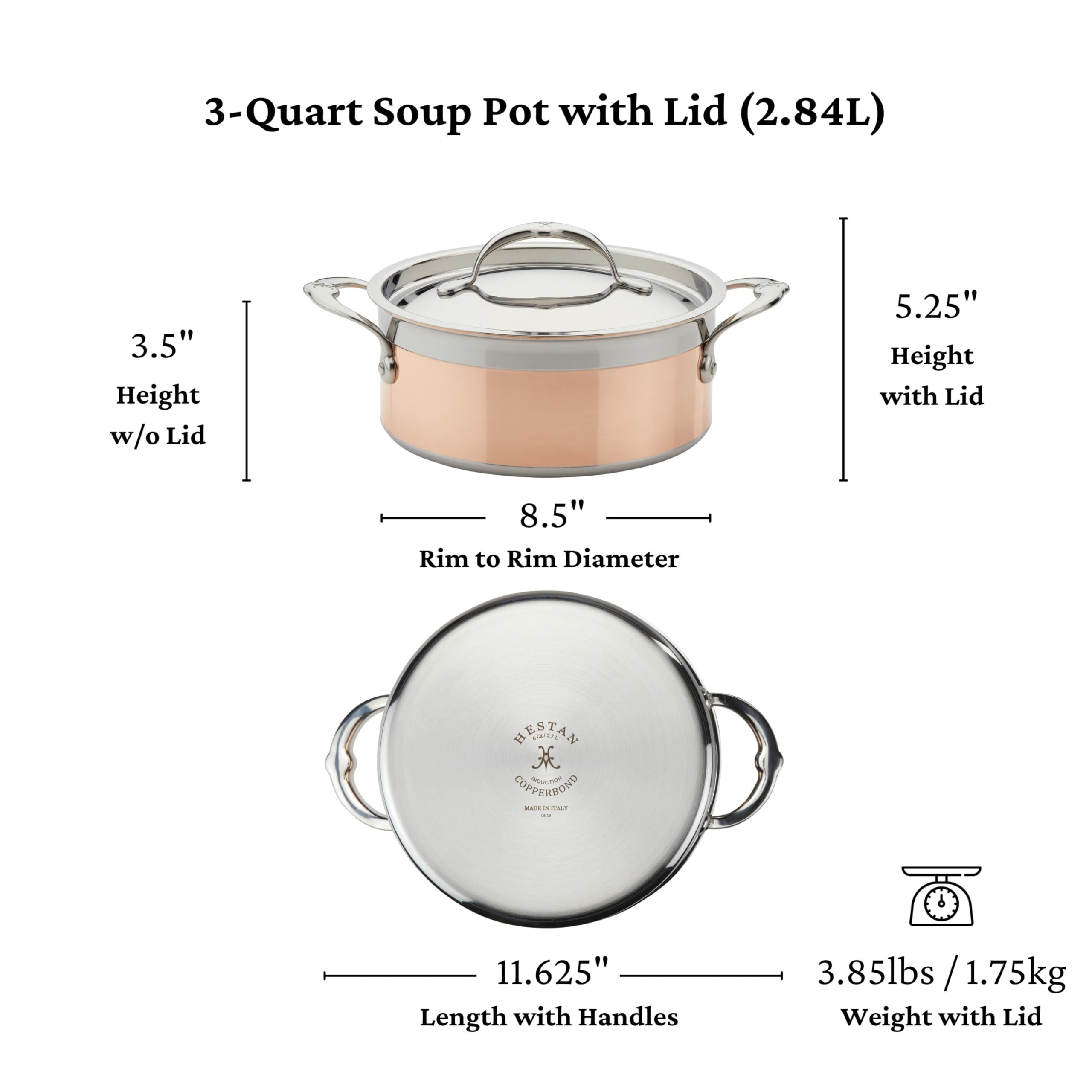 Hestan CopperBond 3-Quart Pure Copper Soup Pot - Induction Cooktop Compatible, Durable & Even Heating - Perfect for Soups, Stews, and Pasta Cooking