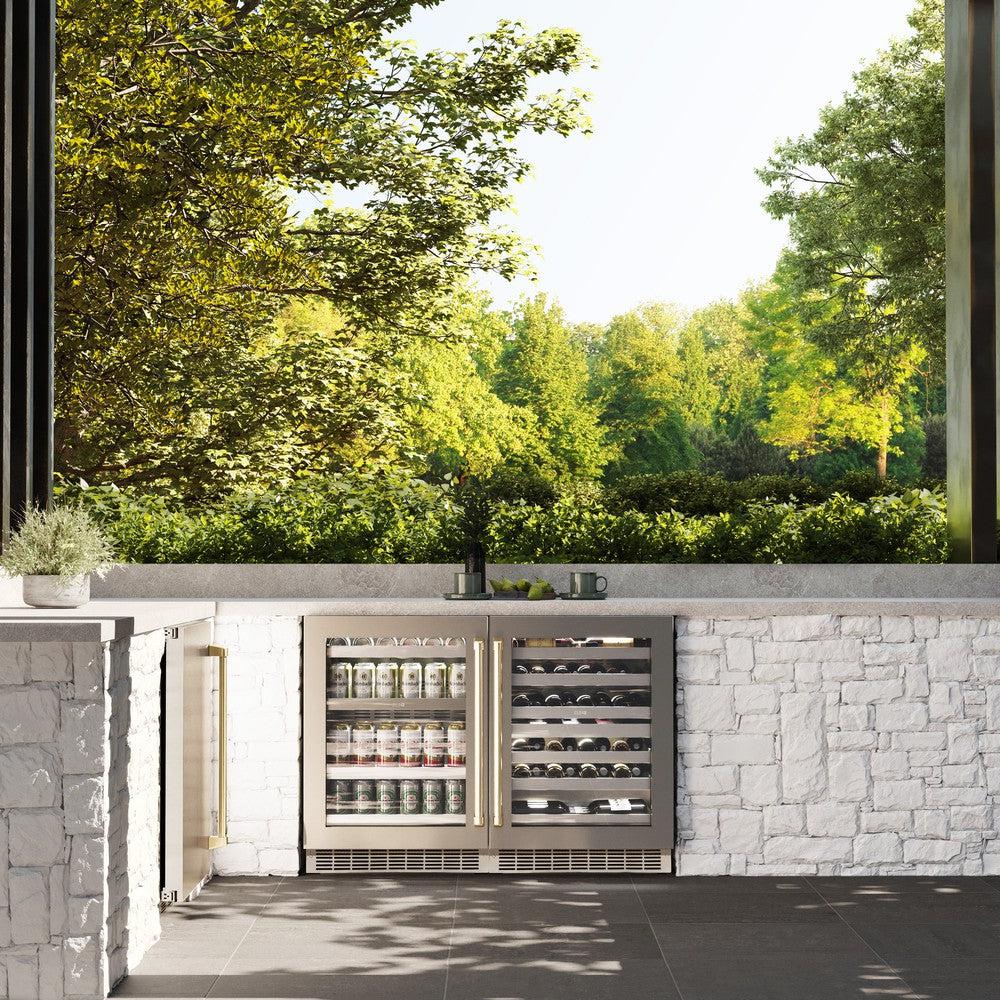 ZLINE Autograph Edition 24 Inch Touchstone 151 Can Beverage Refrigerator - Stainless Steel Glass Door with Champagne Bronze Handle - Compact Wine & Beer Cooler for Home Bar, Kitchen, or Office Use (RBSOZ GS 24 CB)