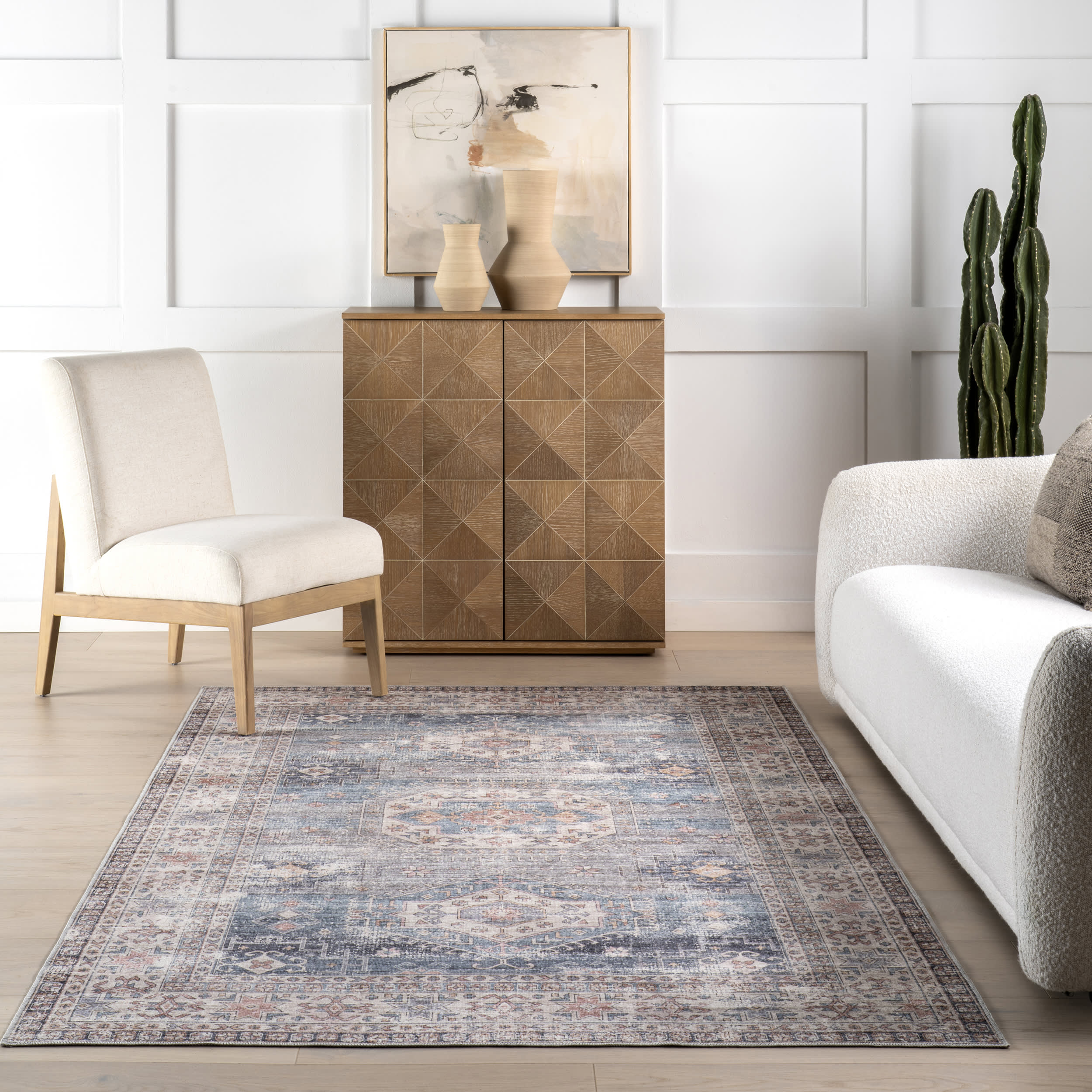 Allison Faded Spill Proof Washable Rug - Blue Non-Slip Area Rug for Living Room, Bedroom, Kitchen & High Traffic Areas
