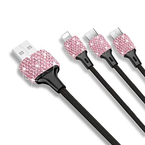 Hidoer Bling Bling 4ft Nylon Braided Charging Cable - 3-in-1 Type C/Micro USB/Lightning Cable with Crystal Decoration for Android iPhone Samsung - Stylish Phone Accessories for Women & Girls (Pink) | Perfect for Travel, Office, and Daily Use