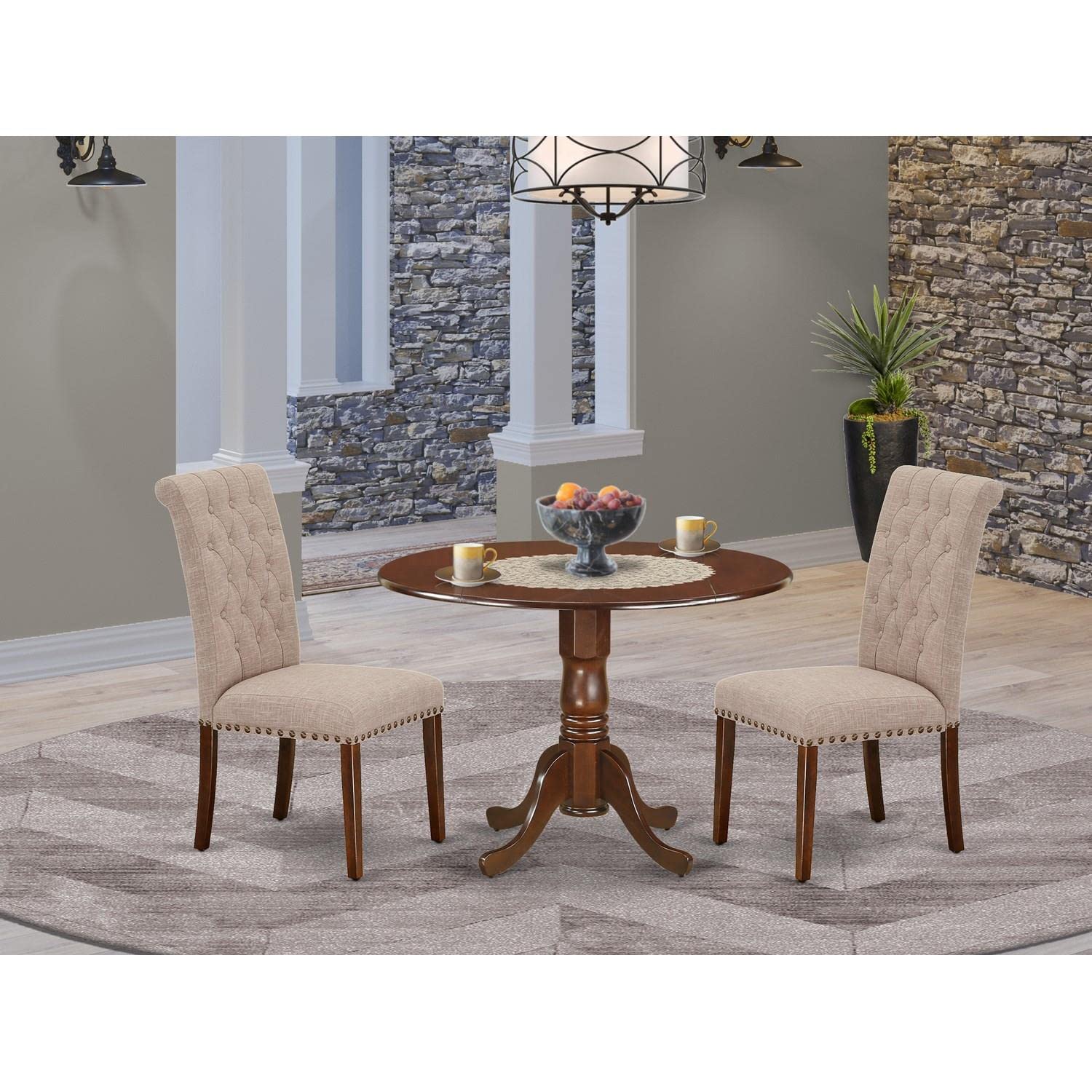 East West Furniture DLBR3-MAH-04 3-Piece Round Dining Table Set with Drop Leaf & 2 Linen Parsons Chairs, 42x42 Inch, Mahogany - Perfect for Small Spaces, Breakfast Nooks & Cozy Apartments