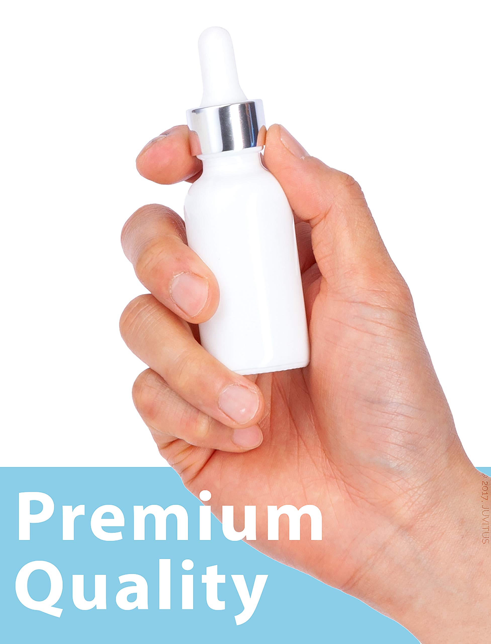 JUVITUS 12-Pack 1 oz Clear Glass Boston Round Bottles with Silver Metal Dropper - High Shine Gloss White for Essential Oils, DIY Skincare & Craft Projects