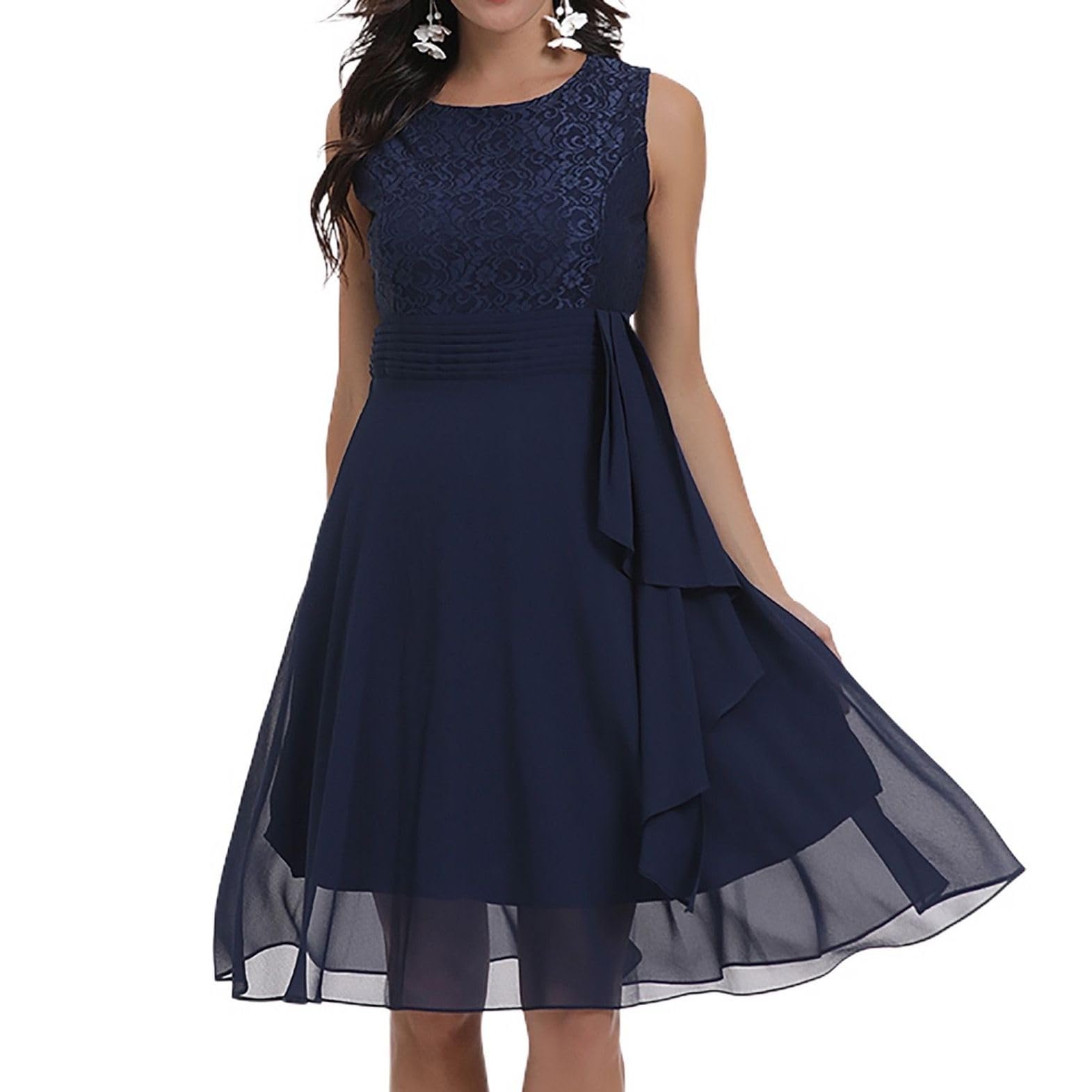 Elegant Women's Sleeveless Lace Prom Dress - High Waist Midi Homecoming Party Dress for Summer Semi-Formal Occasions | Perfect for Graduation, Wedding Guest & Cocktail Events