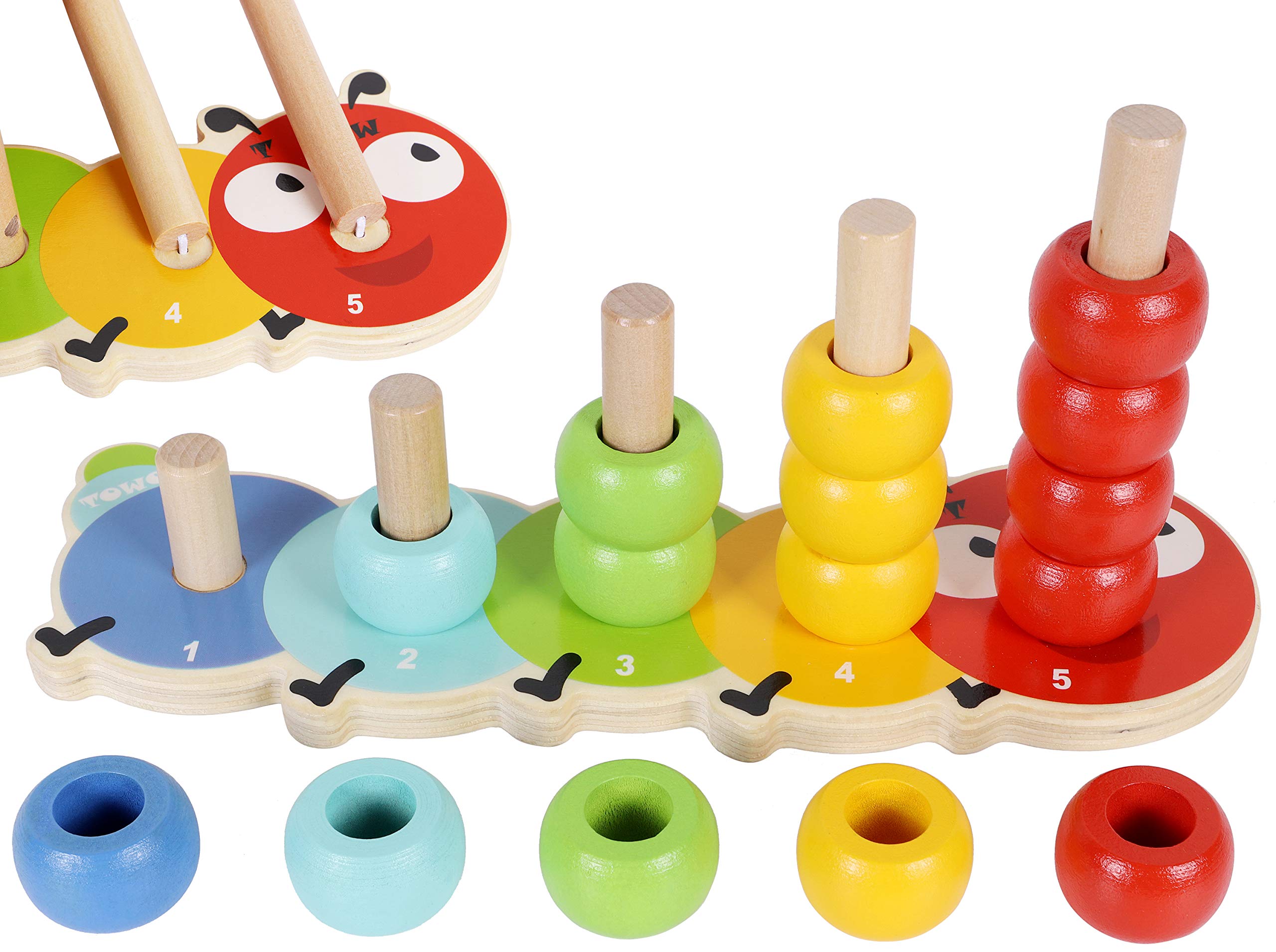 **TOWO Wooden Stacking Rings for Toddlers – Caterpillar Counting & Color Sorting Puzzle – 5 Pegs Ring Stacker – Early Learning Montessori Toy for 1 Year Old Boys & Girls – Perfect First Birthday Gift for Sensory Play & Fine Motor Skills Development**