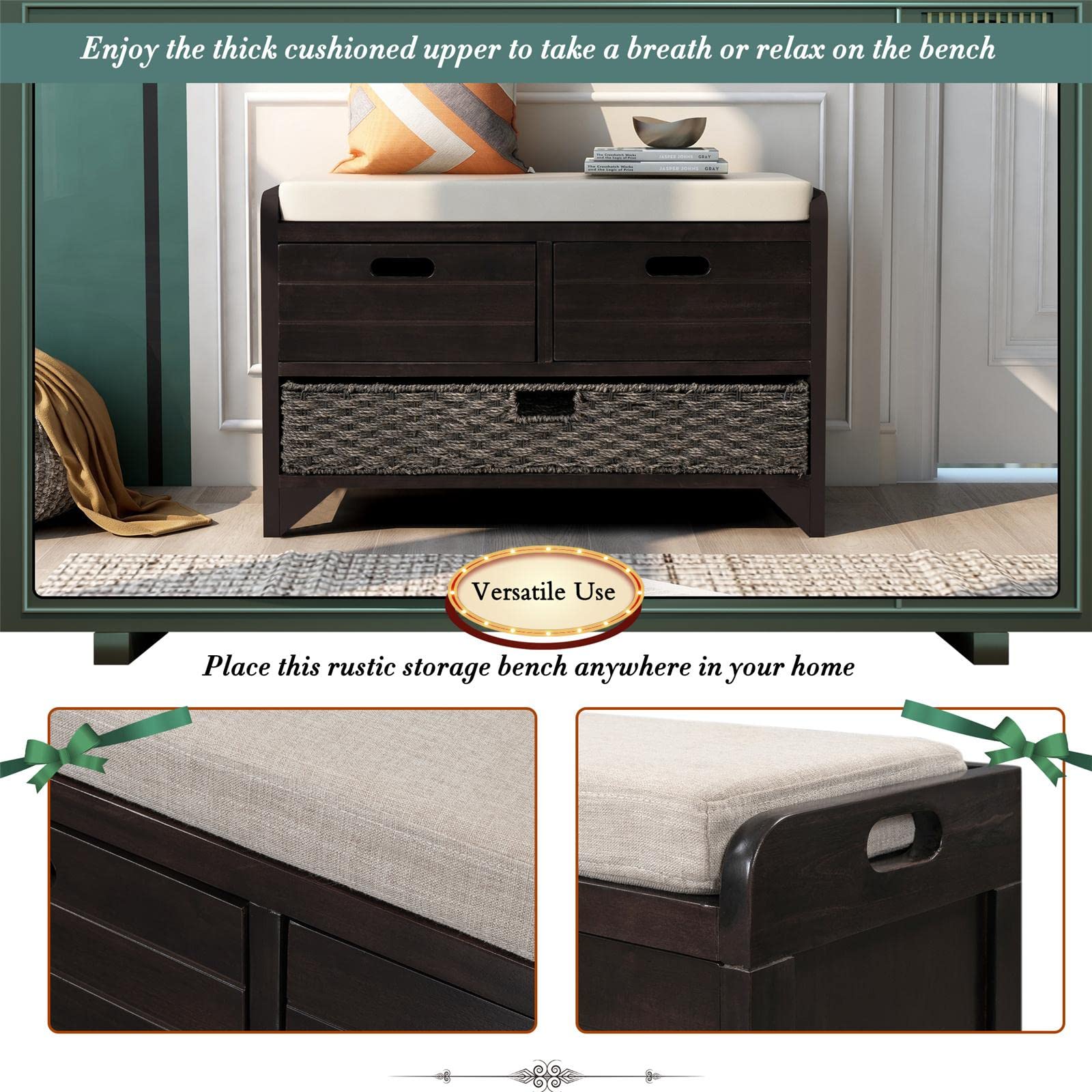 JINS&VICO Entryway Storage Bench with Removable Basket & 2 Drawers - Shoe Organizer Bench with Cushion for Hallway, Living Room - Fully Assembled Espresso Brown - Perfect for Small Space Organization & Entryway Decor