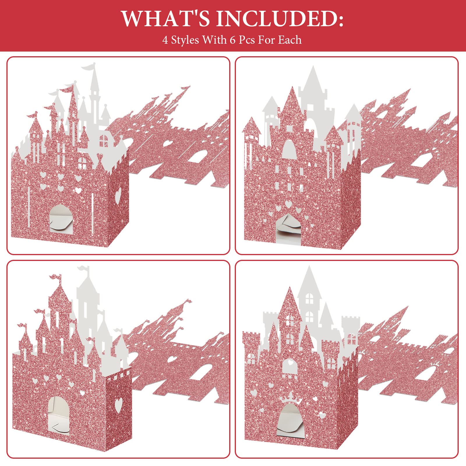 24-Piece Glitter Rose Gold Princess Castle Candy Boxes - Elegant Wedding & Birthday Party Favors, Decorations for Princess Themed Celebrations, Baby Showers, Bridal Showers, and Special Events