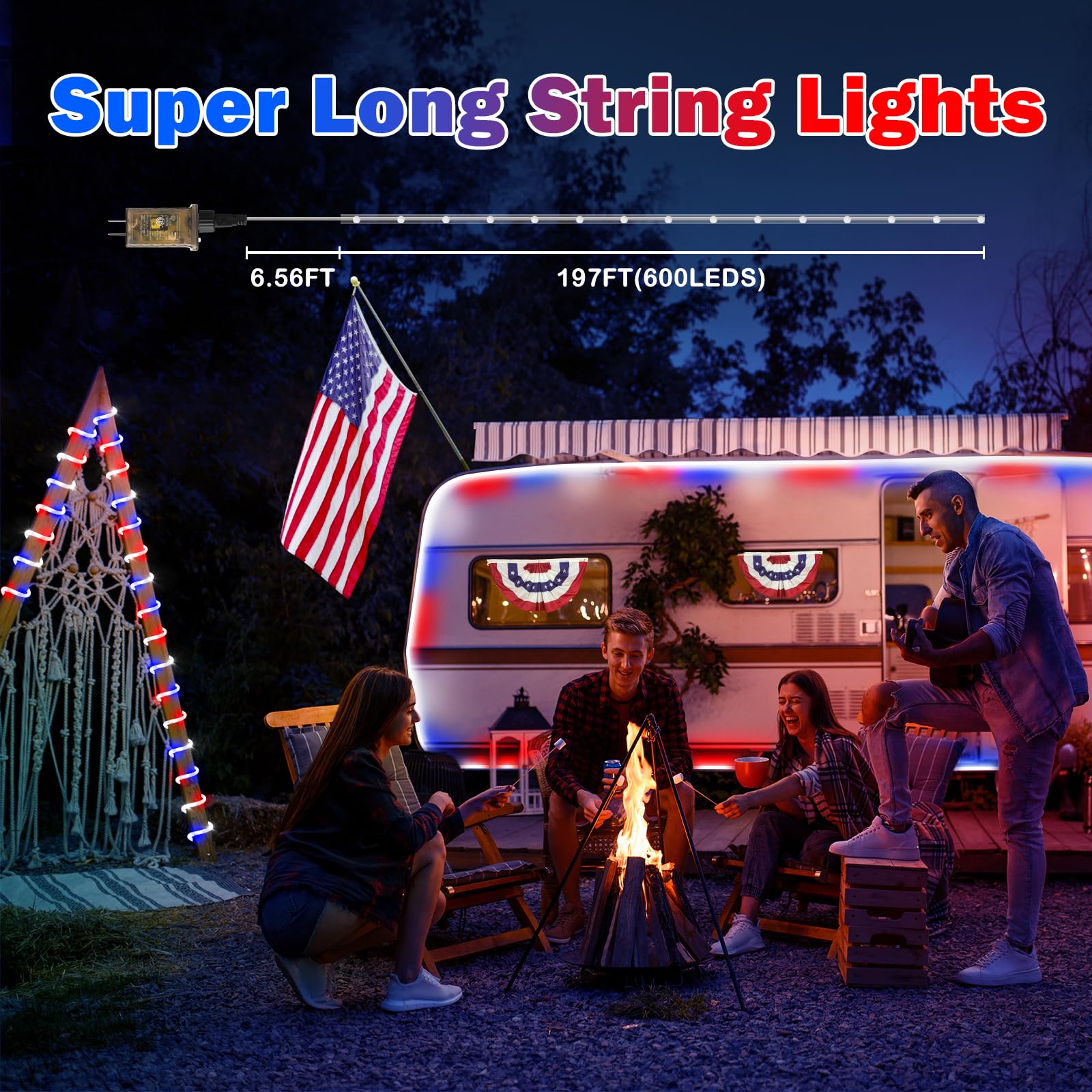 600 LED Red White and Blue Patriotic Rope Lights - 197FT Waterproof 4th of July Decorations with Remote & 8 Lighting Modes for Independence Day, Garden, Patio, Party - Indoor/Outdoor Holiday Decor for Backyard, Deck, Fence, and House