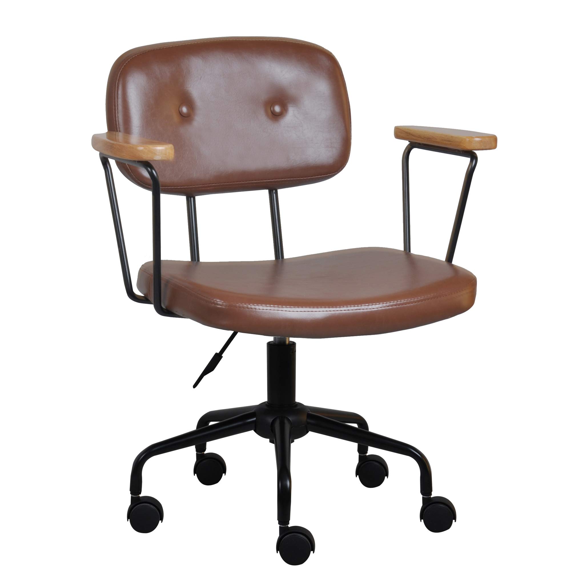 Ergonomic Retro Rustic Mid Century Brown Faux Leather Office Chair - Adjustable Swivel Task Chair with Armrest - Industrial Style Computer Desk Chair for Home Office - Perfect for Workspaces, Gaming & Study Areas
