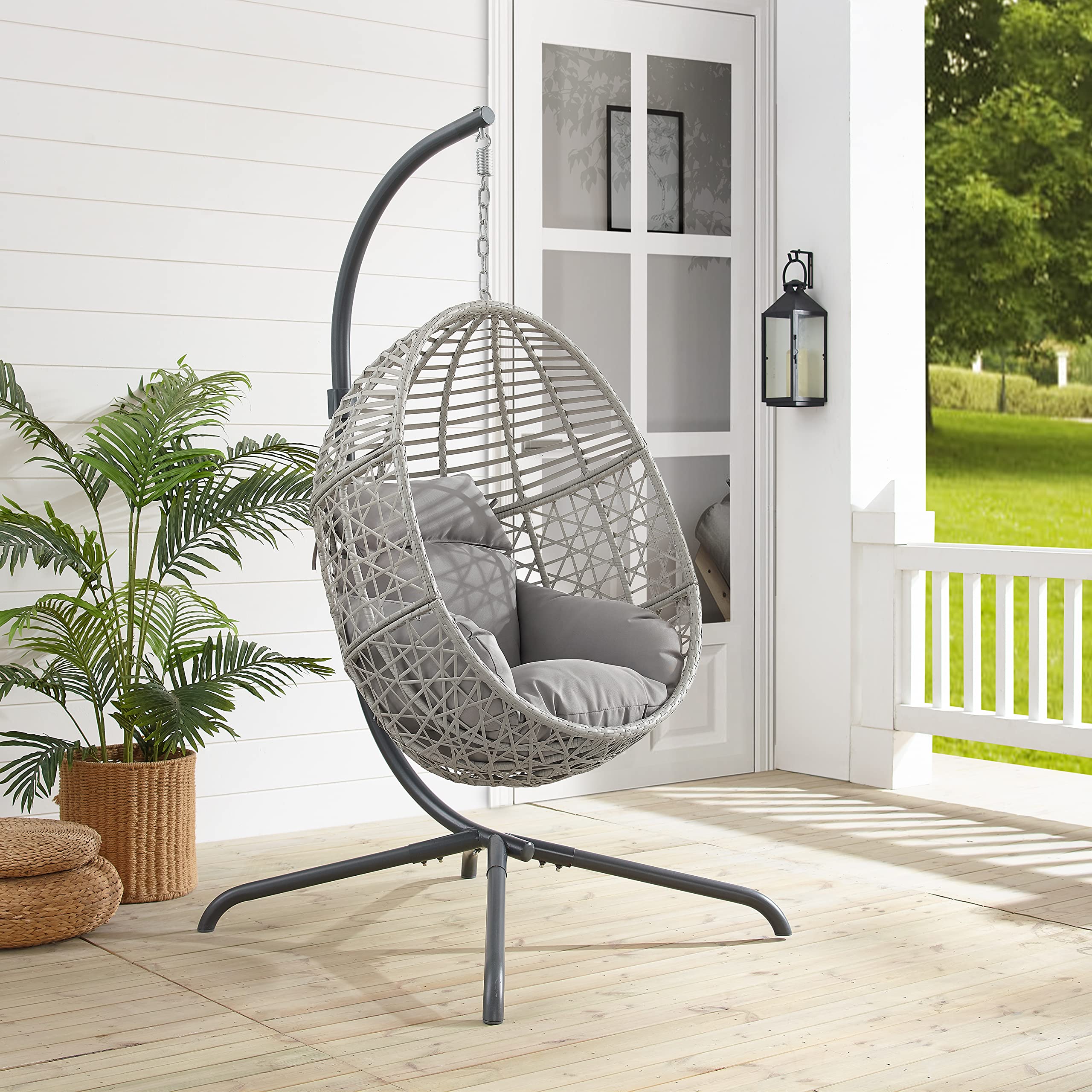 Crosley Lorelei Wicker Hanging Egg Chair with Stand - Indoor Outdoor Swing Chair for Patio, Porch, Deck, Garden - Gray Rattan Hanging Chair for Relaxing & Lounging