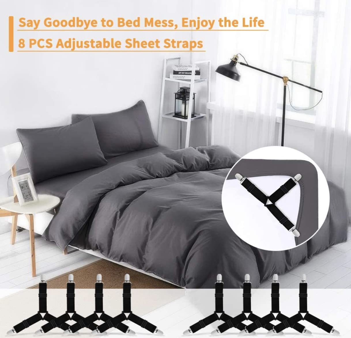Struqta 4-Pack Adjustable Triangle Elastic Bed Sheet Holder Straps - Heavy Duty Gripper Clips for Mattress Covers, Sofa Cushions & Fitted Sheets (14cm, Black) - Keep Bedding Secure All Night for Better Sleep