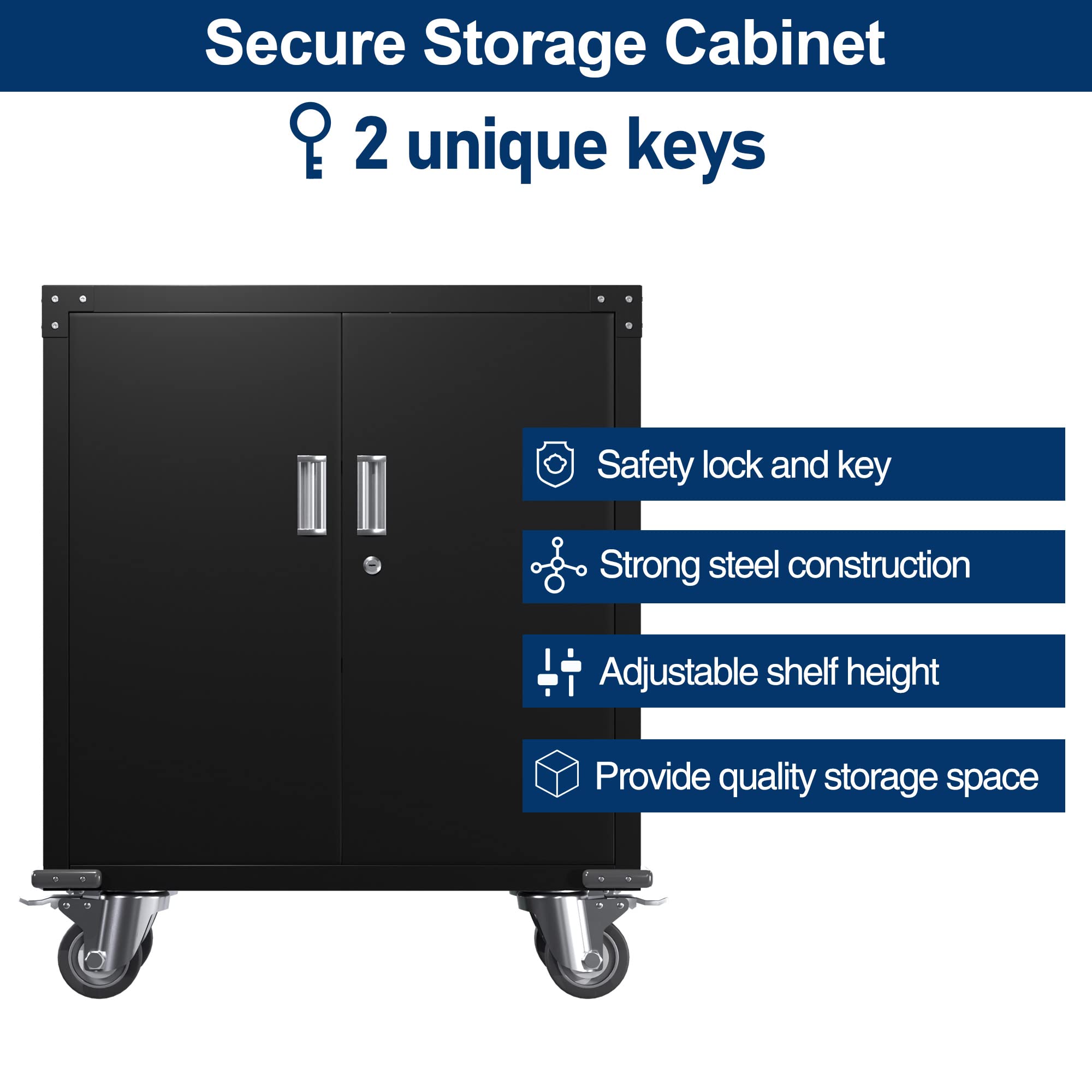 Lockable Steel File Cabinet with Adjustable Shelves & Wheels - Secure Storage Organizer for Home, Office, School & Garage - Heavy Duty Black Filing Cabinet for Documents, Supplies & Tools