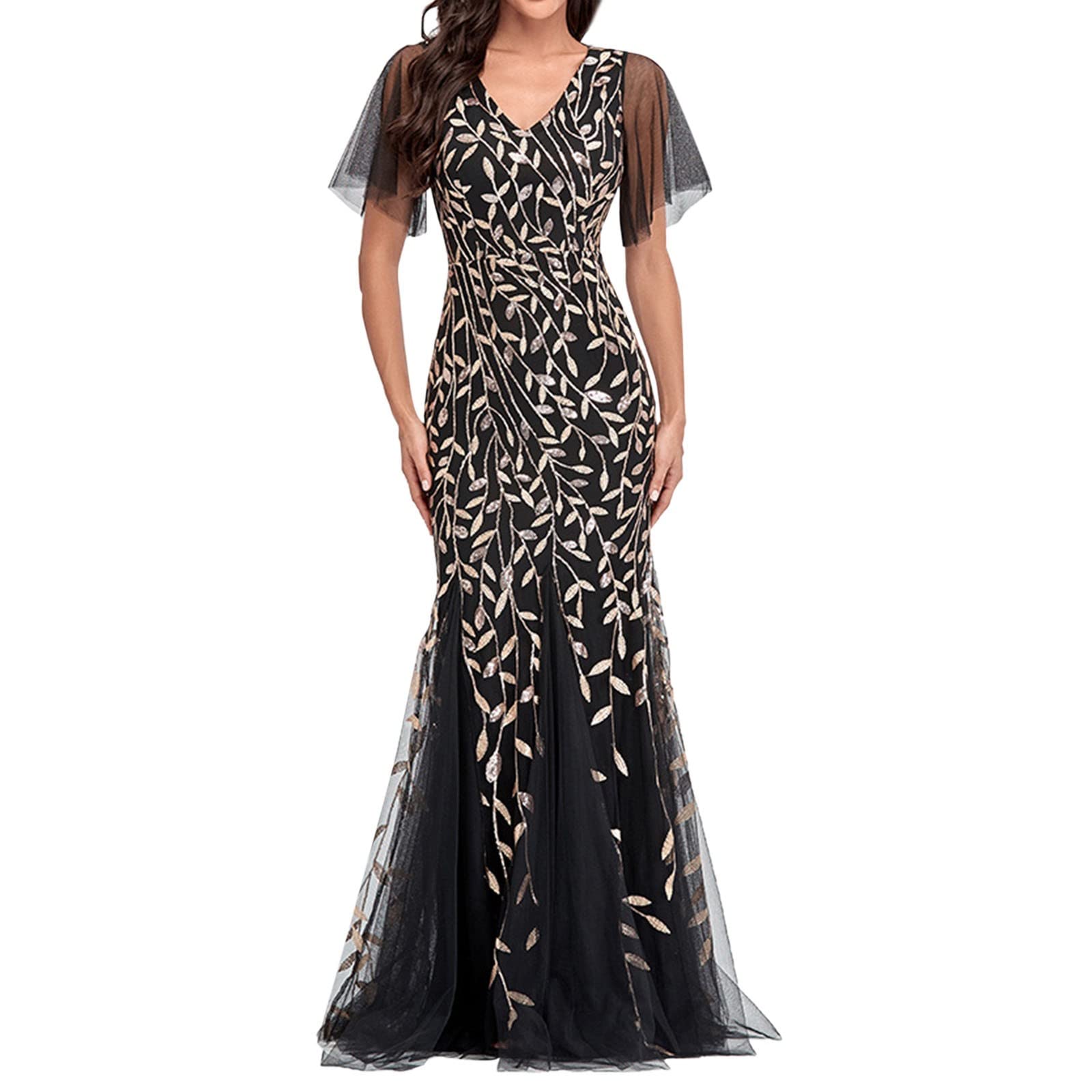 Elegant Sequin Evening Dress for Women - Embroidered Mermaid Maxi Gown with Mesh Ruffle Cap Sleeves | Perfect for Formal Parties, Prom, Wedding & Special Occasions
