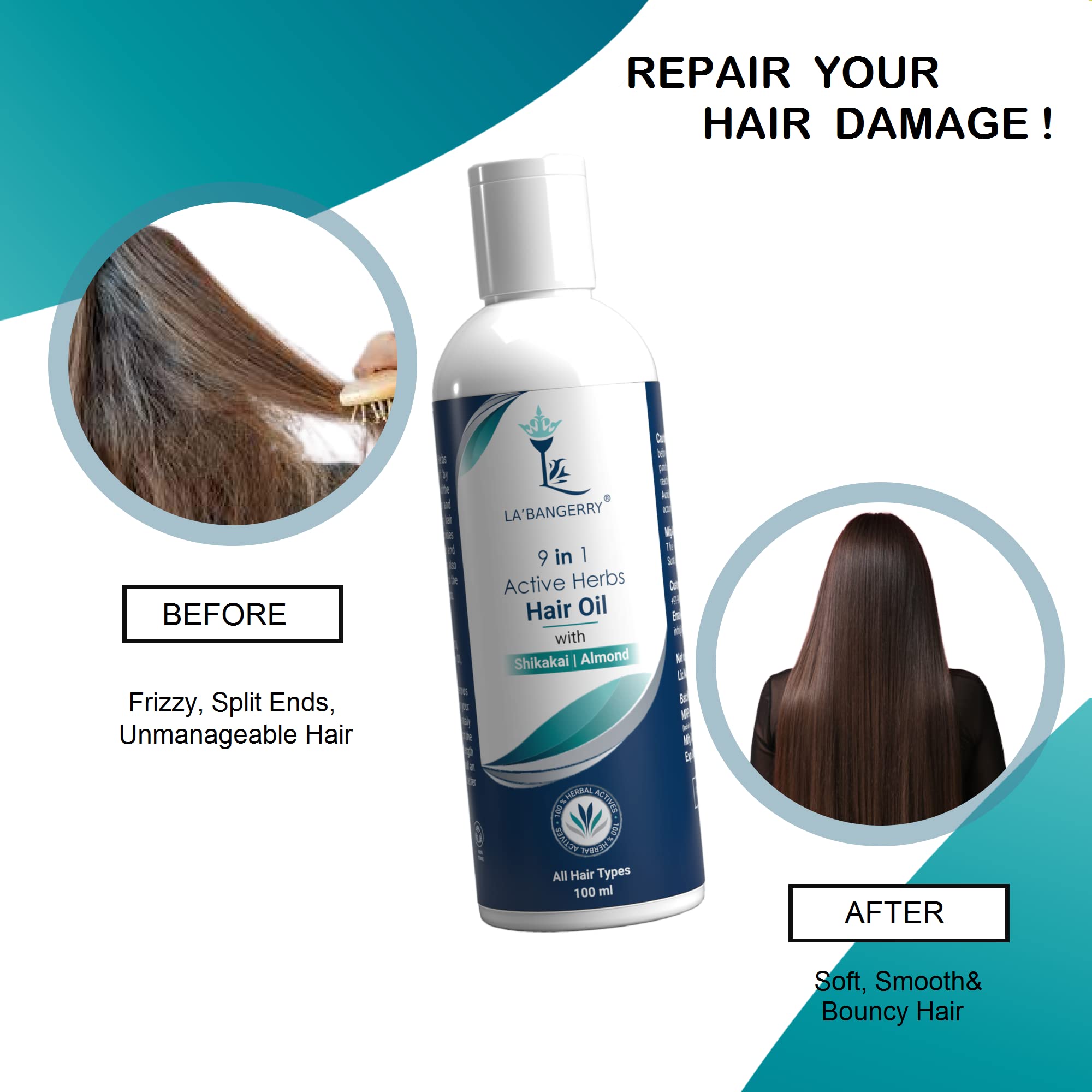 LA'BANGERRY Herbal Hair Growth Oil with Natural Shikakai & Almond - 9-in-1 Active Herbs for Hair Fall Control, Repair & Strengthening - Moisturizes Scalp & Promotes Healthy Hair - 100ml for Men & Women - Perfect for Daily Hair Care & Damaged Hair Treatment