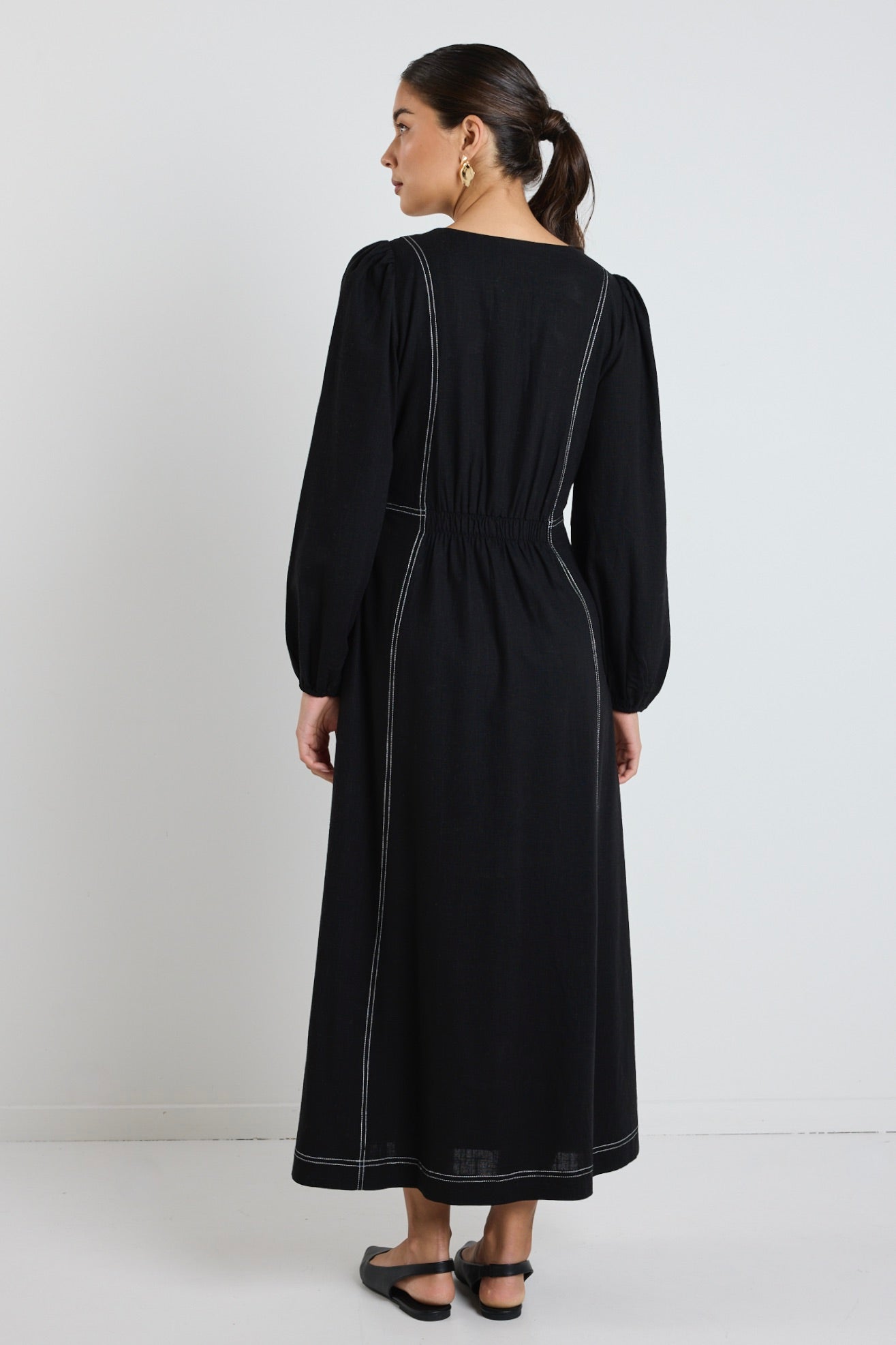 Black LS Contrast Stitch Midi Dress - Women's Elegant Long Sleeve Bodycon Dress for Party, Date Night & Office Wear