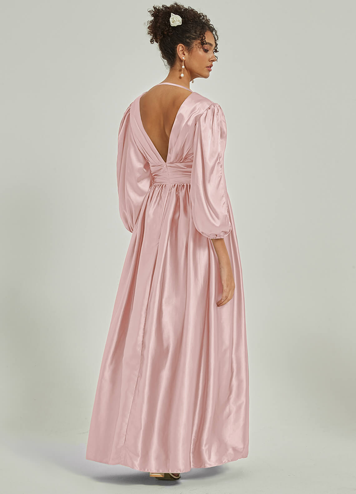Elegant Blush Satin Bridesmaid Dress with 3/4 Sleeves, V-Neck & Slit Pleated Detail - Perfect for Weddings, Parties & Formal Events