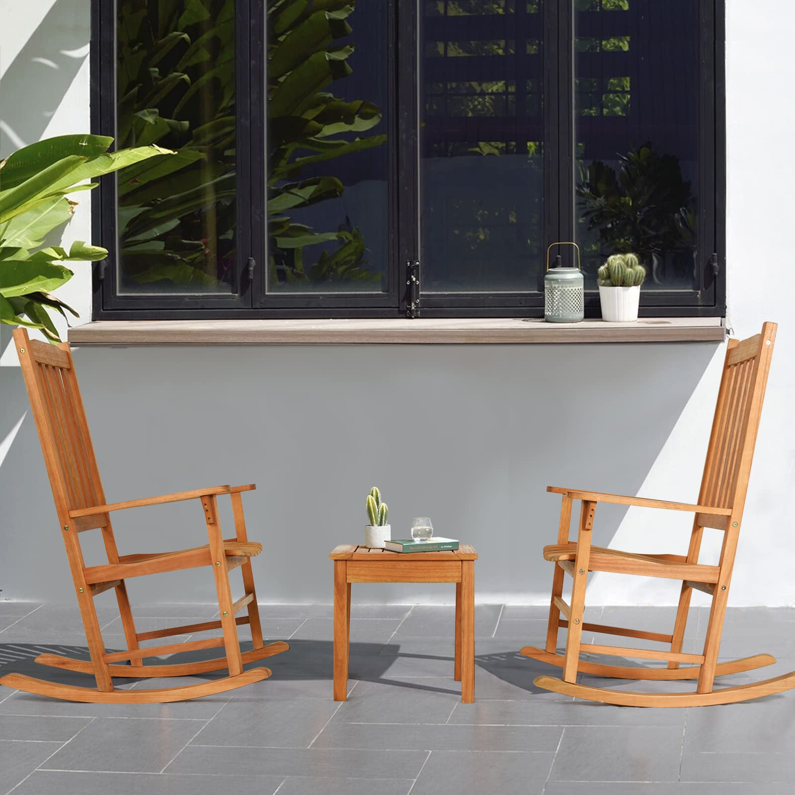 HappyGrill 3-Piece Outdoor Wood Rocking Chair Set - Patio Bistro Furniture with Coffee Table & 2 Rocking Chairs for Porch, Garden, Backyard Relaxation & Conversation Area