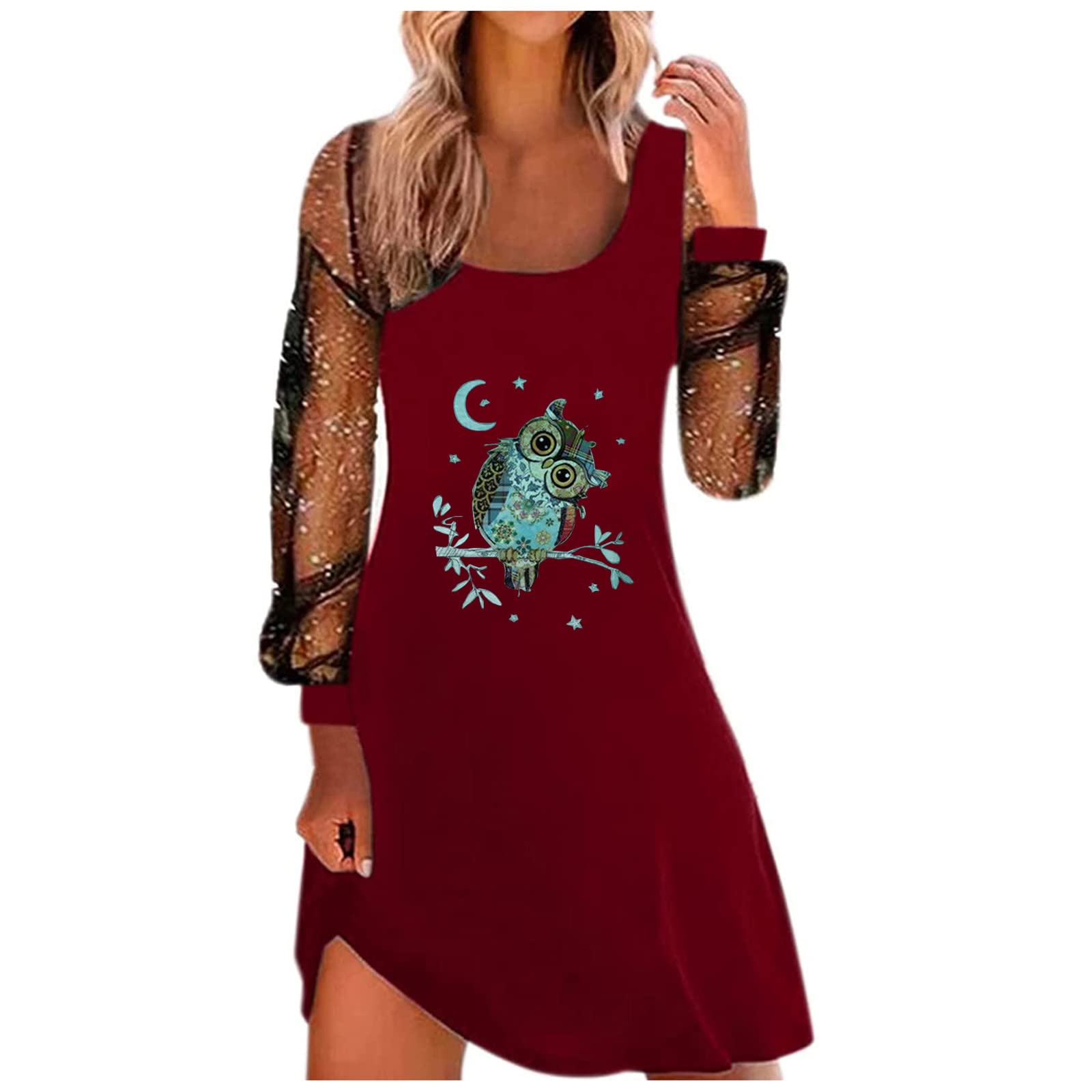 Huneny Women's Animal Print Lace Long Sleeve Mini Dress - Square Neck Casual Party Club Cocktail Dress for Night Out, Date Night & Special Occasions