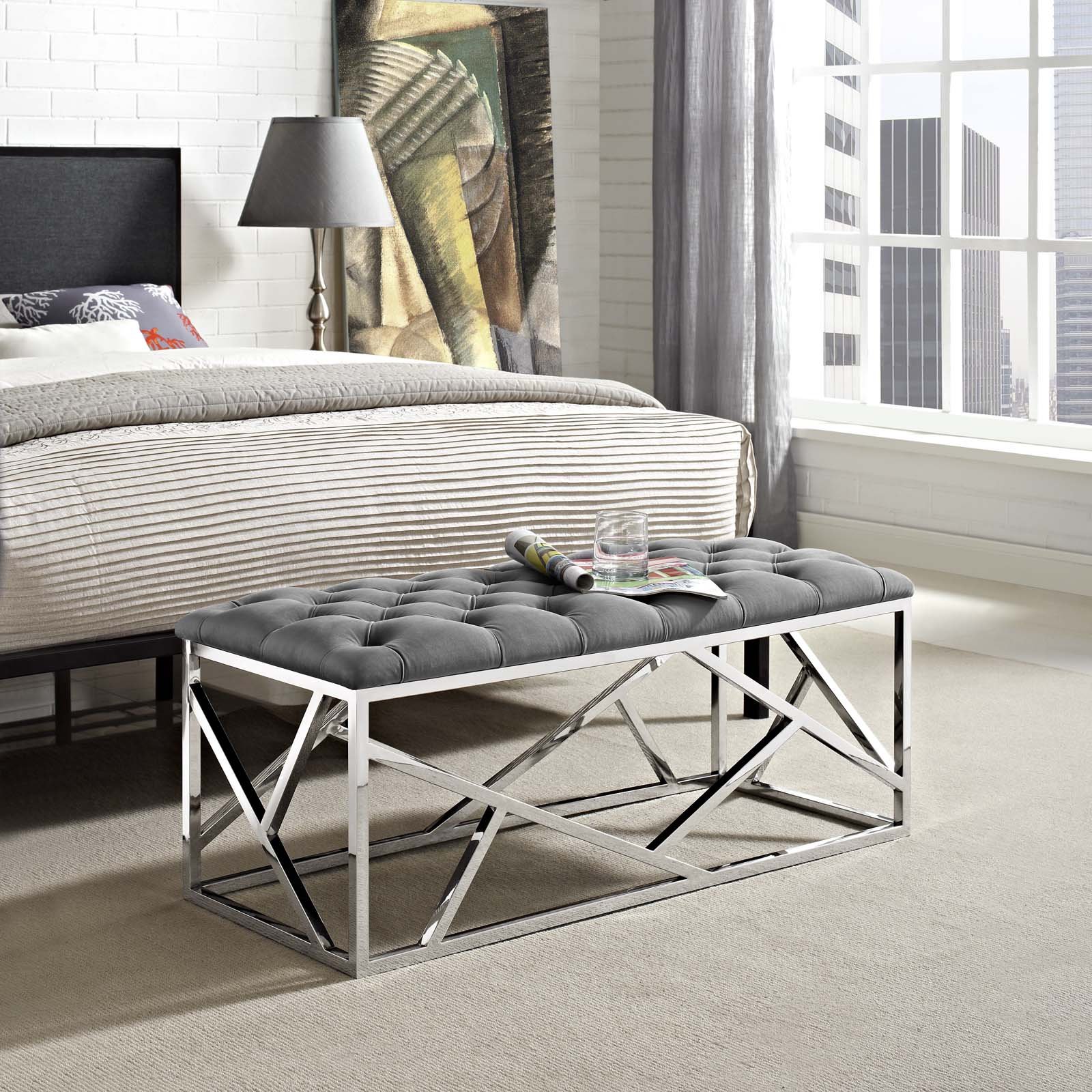 Modern Contemporary Velvet Accent Chair with Metal Frame - Stylish Lounge, Lobby & Living Room Bench in Gray - Perfect for Home, Office & Hotel Decor