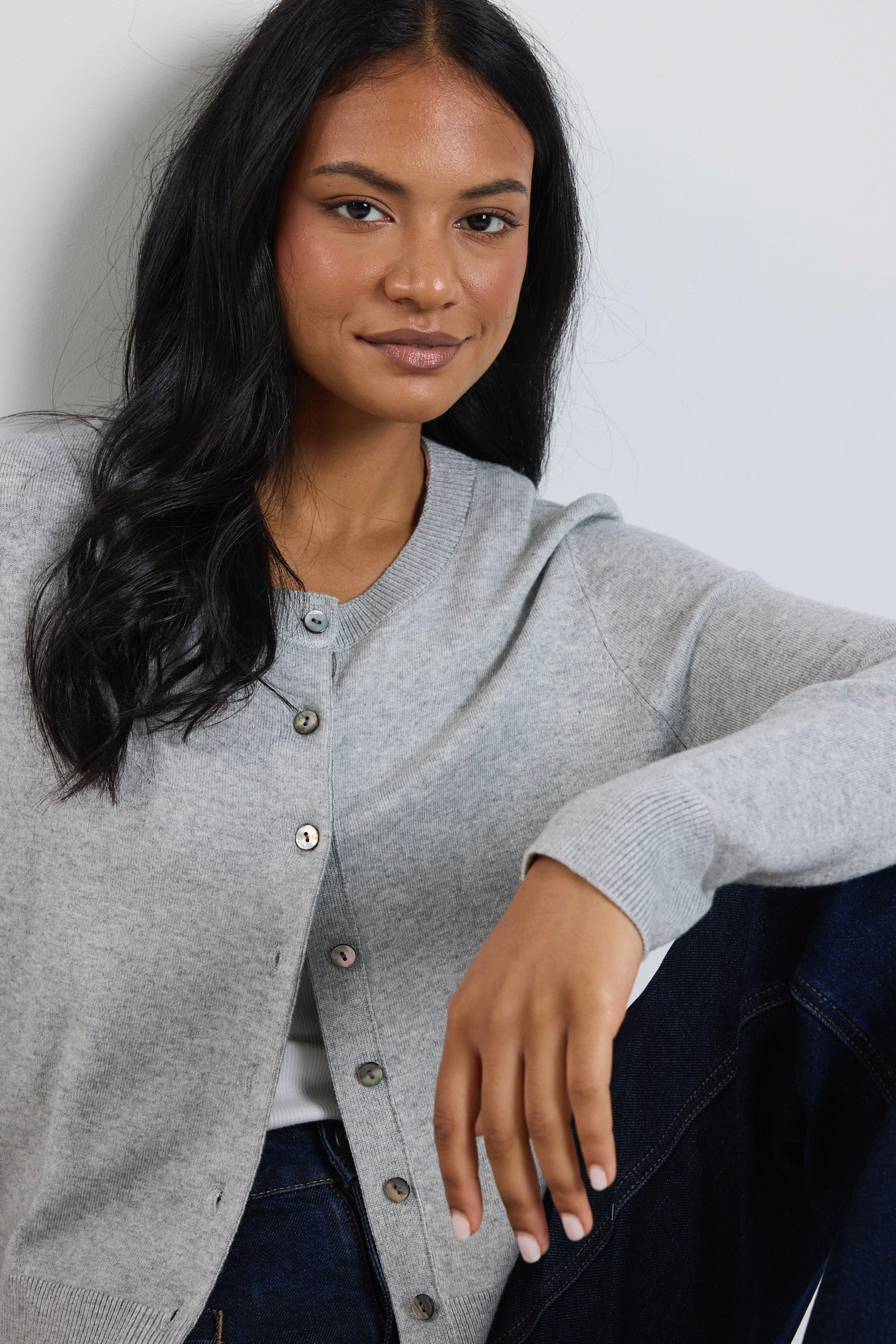 Light Grey Marle Cashmere Blend Crewneck Cardigan - Soft & Warm Signature Knitwear for Women | Perfect for Office, Date Night & Cozy Evenings