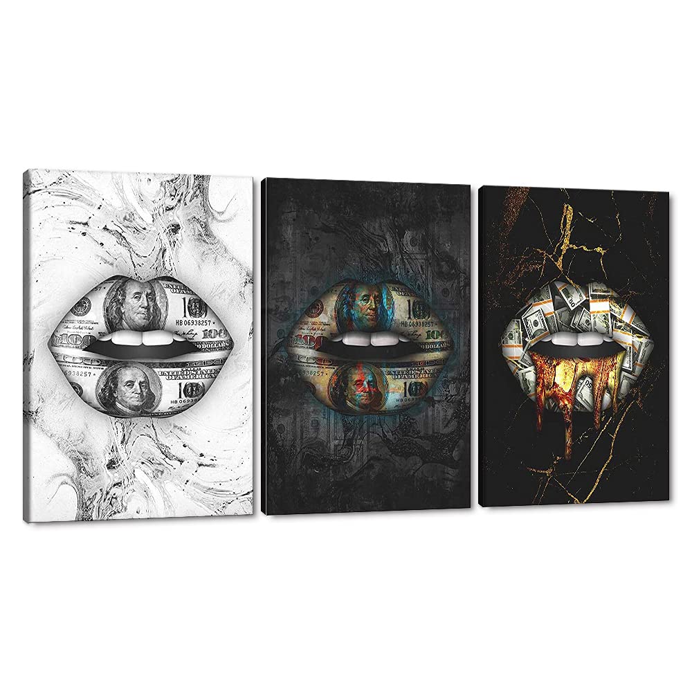 Premium MAMAGO 3-Piece Canvas Wall Art - Modern Abstract Dollar Lips Painting, Framed & Ready to Hang (24