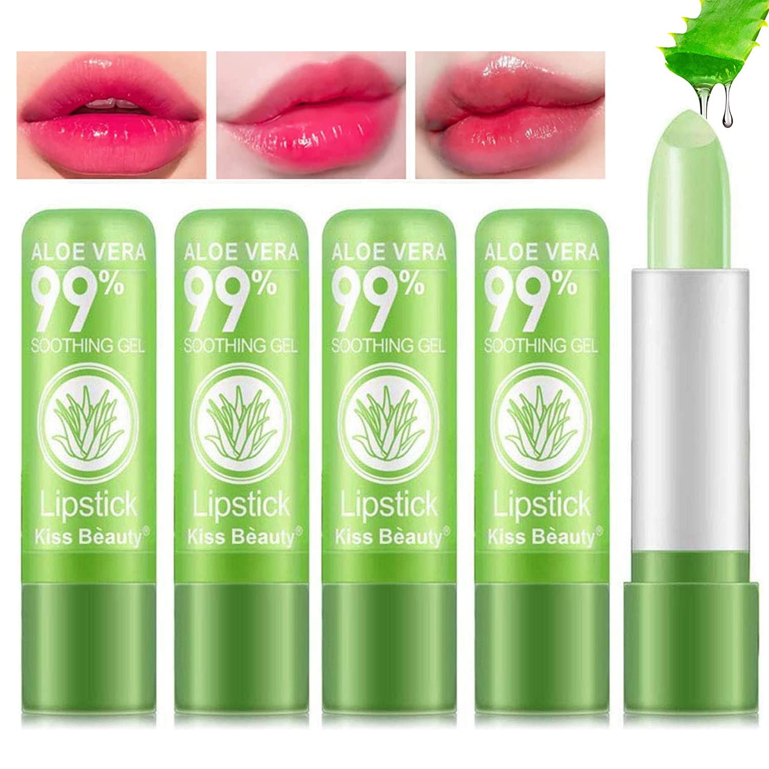 5 Pack Aloe Vera Color Changing Lipstick - 24H Long Lasting Moisturizing Lip Gloss with Temperature Activated Magic Color (Korean Pink) - Perfect for Daily Wear, Date Night & Gift Giving