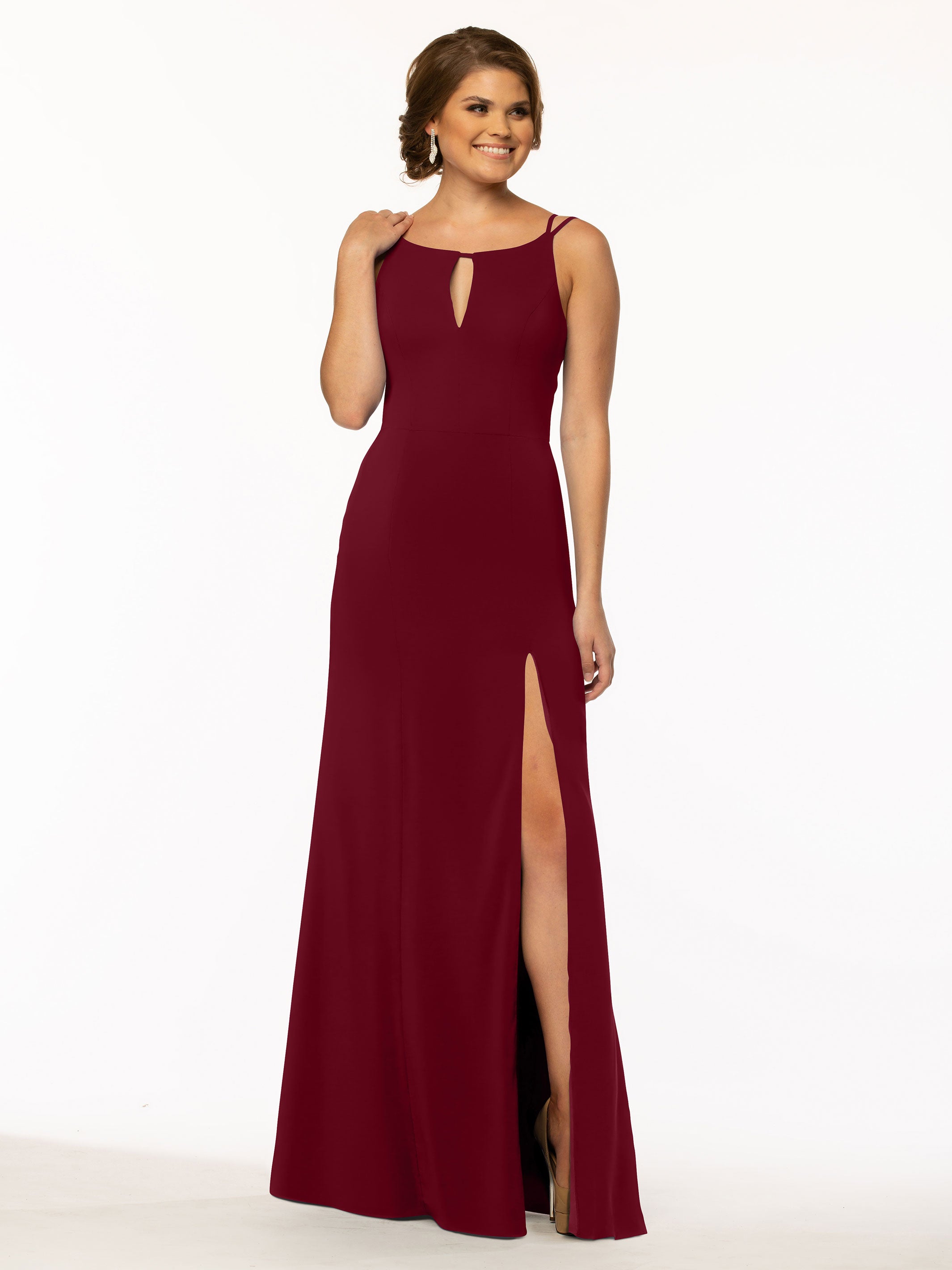 Elegant 83030 Sheath Stretch Chiffon Bridesmaid Dress with Bateau Neckline & High Slit - Perfect for Weddings, Formal Events & Evening Parties