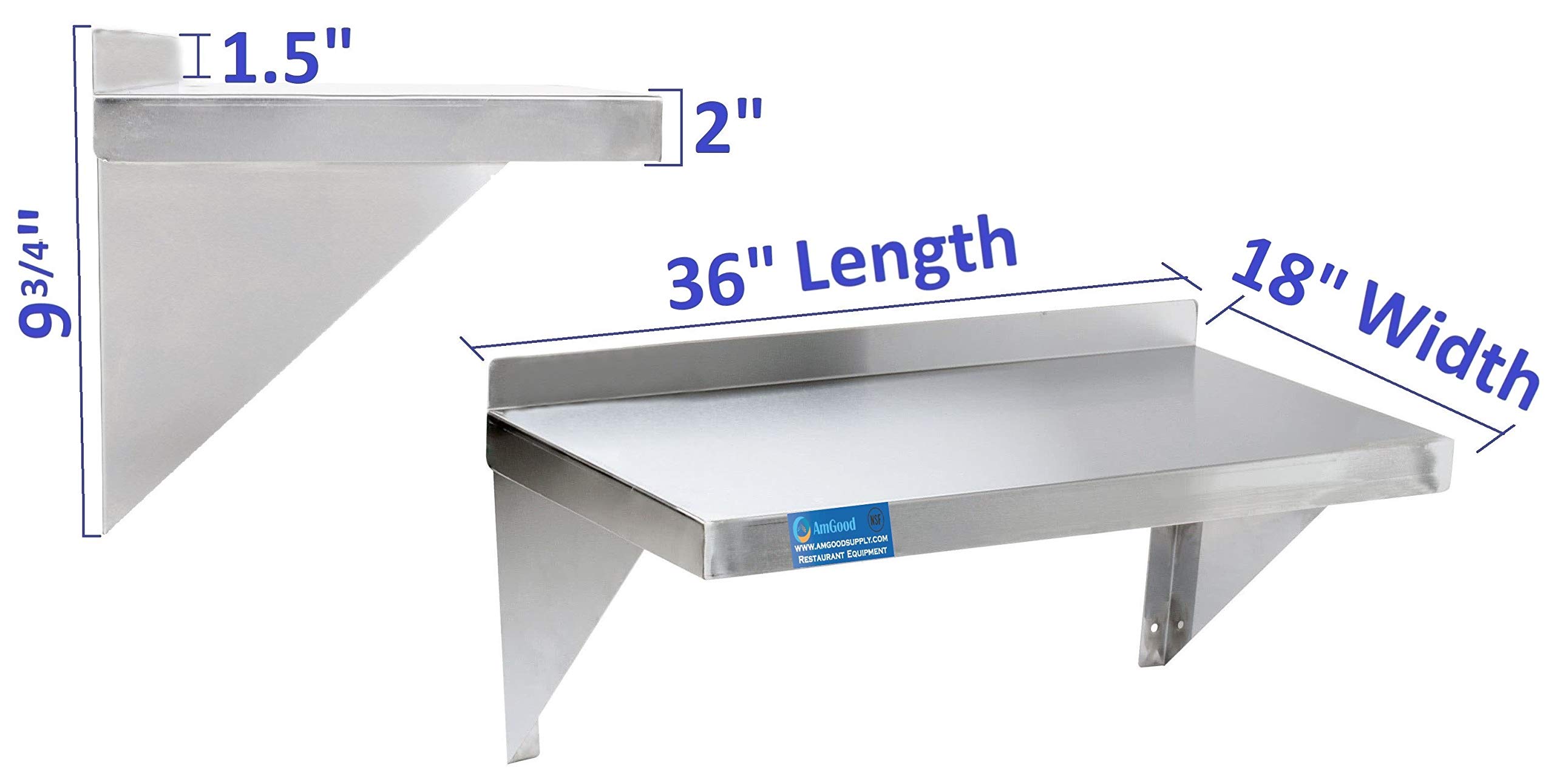 AmGood 18x36 Inch Stainless Steel Wall Shelf - Heavy Duty Commercial Grade Metal Shelving with Square Edge | NSF Certified | Wall Mount for Kitchen, Garage & Retail Storage