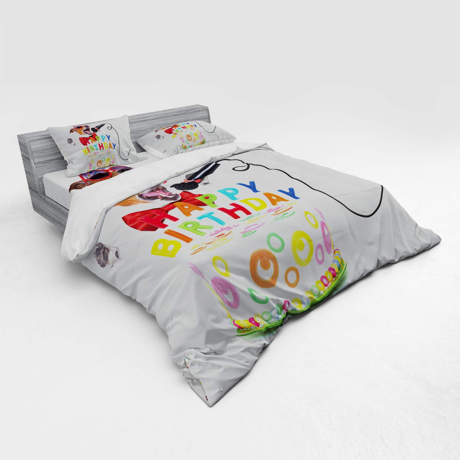 Ambesonne King Size 4-Piece Birthday Party Bedding Set - Musician Singer Dog with Glasses & Cake Print Duvet Cover, Shams & Fitted Sheet, Vibrant Multicolor | Perfect for Birthday Celebrations, Themed Bedrooms & Gift Giving