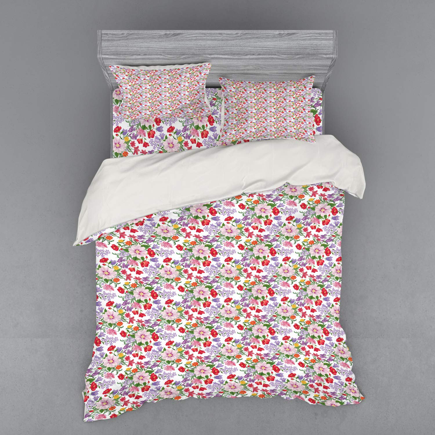 Ambesonne Floral Garden Bedding Set - 4 Piece Queen Duvet Cover with Shams & Fitted Sheet, Vintage Flower Design for Spring Decor, Soft Multicolor Bedroom Set for Cozy Home & Guest Room